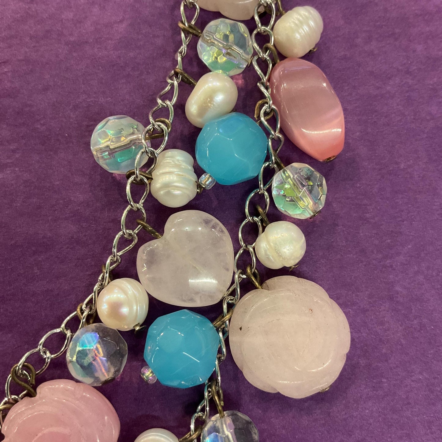 Vintage Butler and Wilson Bohemian Twin Row Gemstone and Crystal Necklace, Fresh Water Pearls, Rose Quartz and Crystal Beads