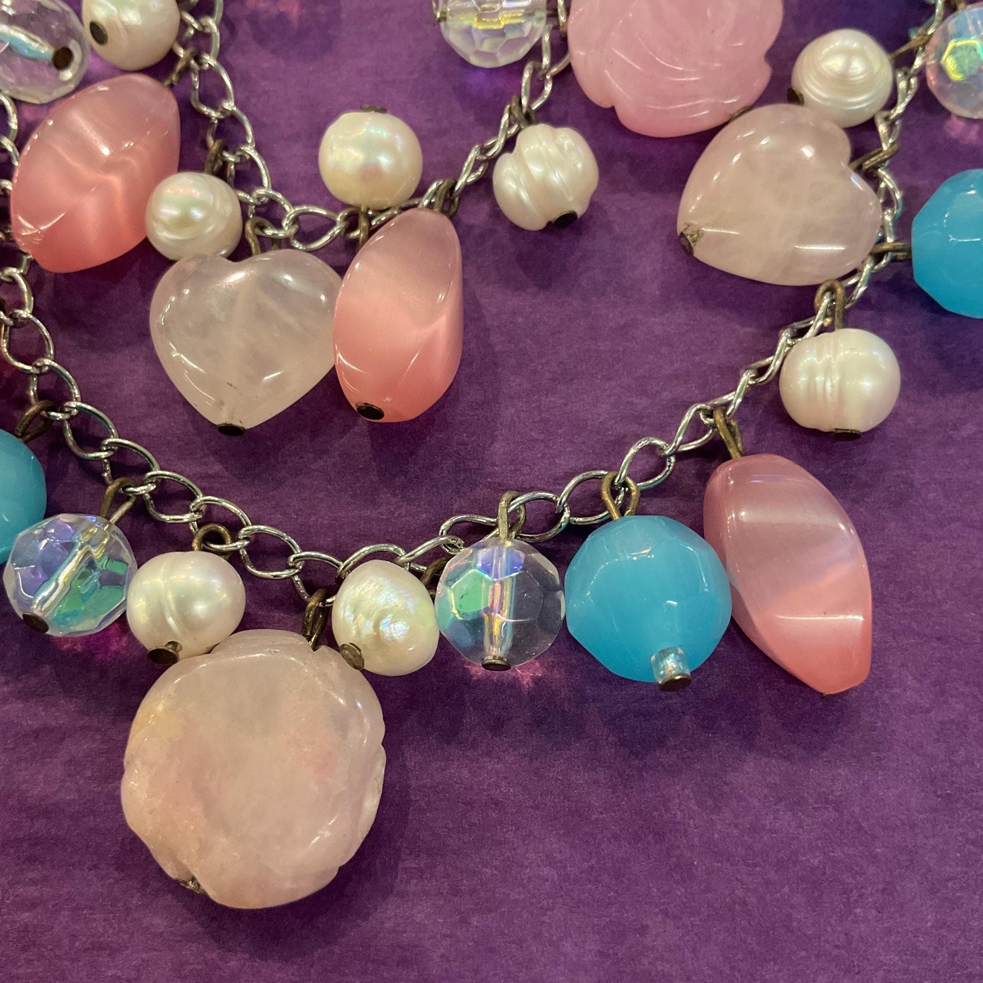 Vintage Butler and Wilson Bohemian Twin Row Gemstone and Crystal Necklace, Fresh Water Pearls, Rose Quartz and Crystal Beads