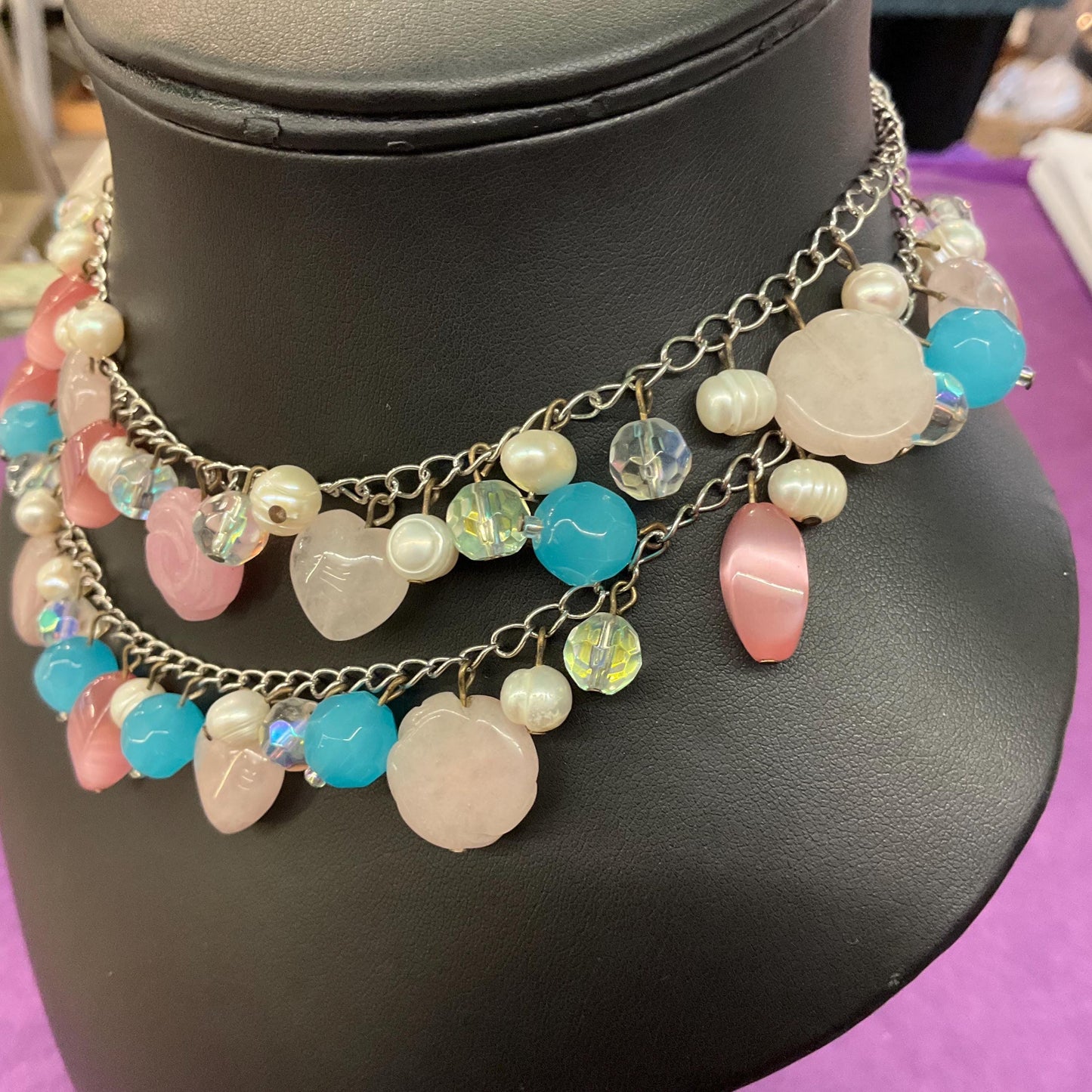 Vintage Butler and Wilson Bohemian Twin Row Gemstone and Crystal Necklace, Fresh Water Pearls, Rose Quartz and Crystal Beads