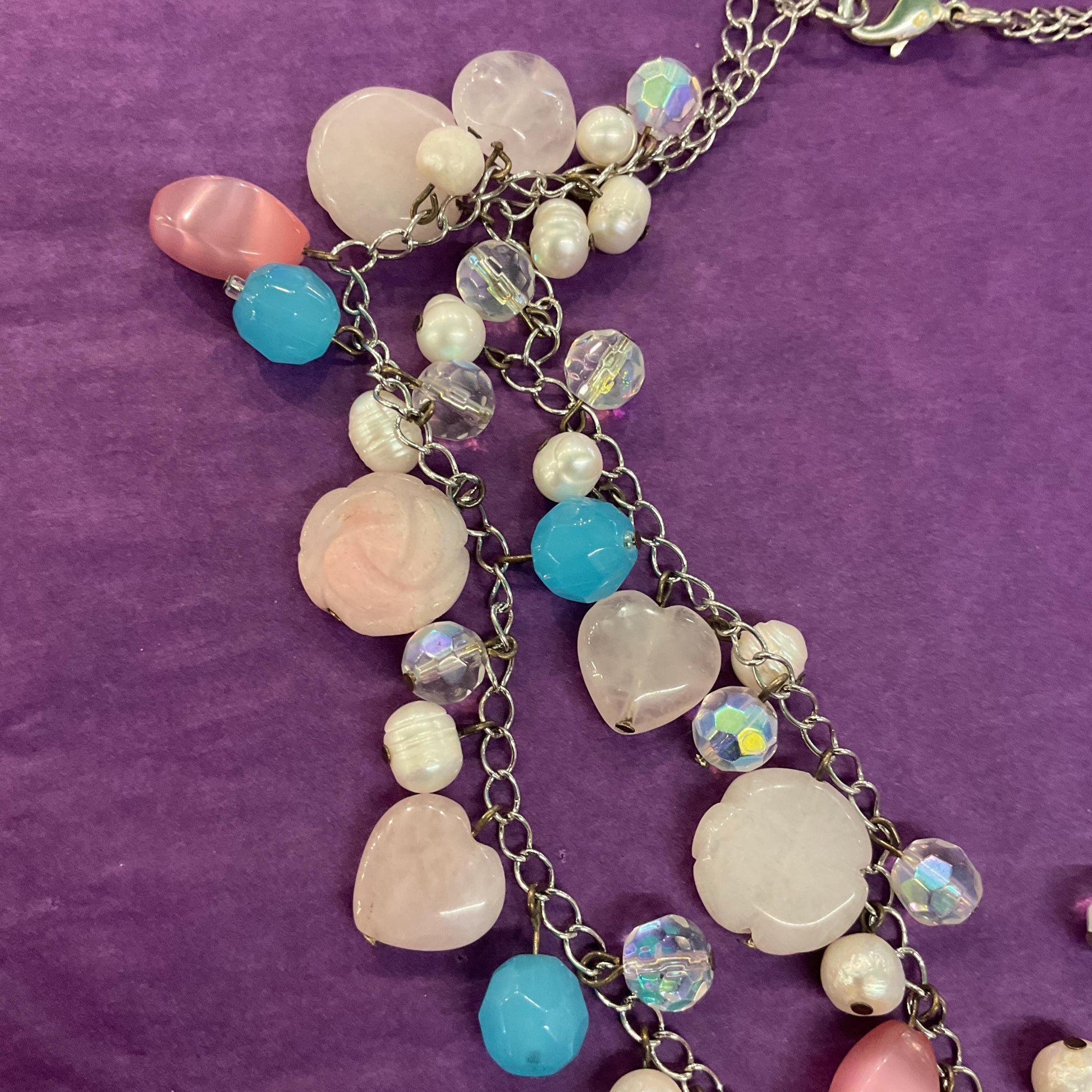 Vintage Butler and Wilson Bohemian Twin Row Gemstone and Crystal Necklace, Fresh Water Pearls, Rose Quartz and Crystal Beads