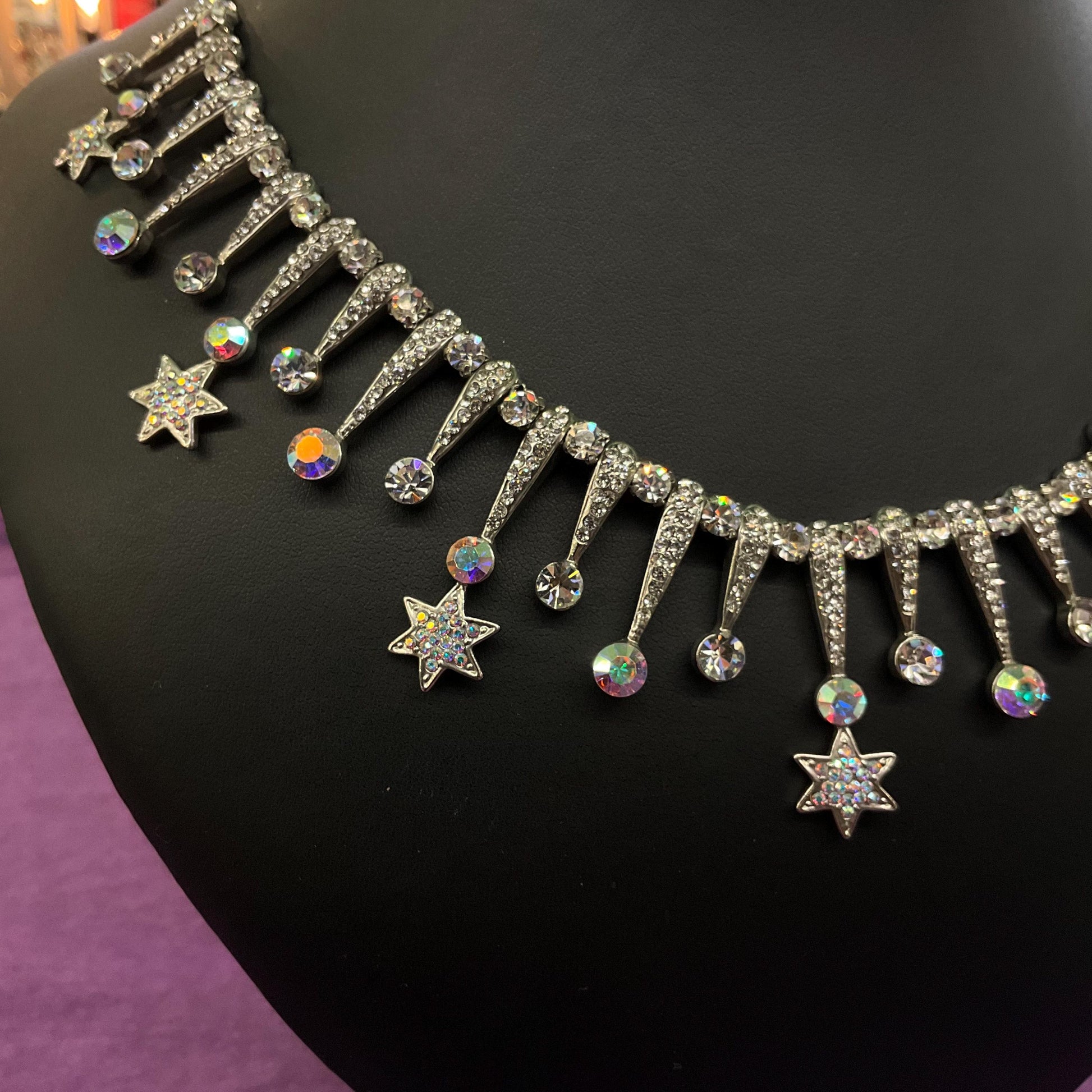 Vintage Butler and Wilson Shooting Stars Statement Crystal Necklace , Silver tone with faceted silver and Aurora Borealis crystals,