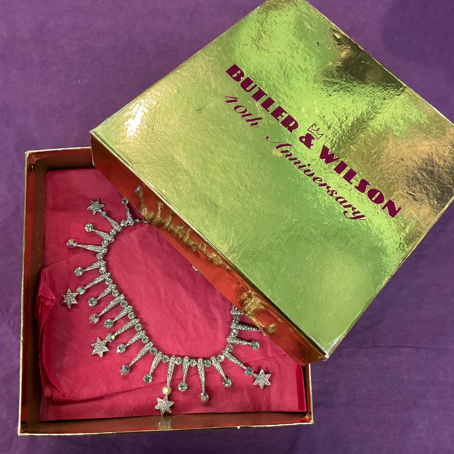 Vintage Butler and Wilson Shooting Stars Statement Crystal Necklace , Silver tone with faceted silver and Aurora Borealis crystals,