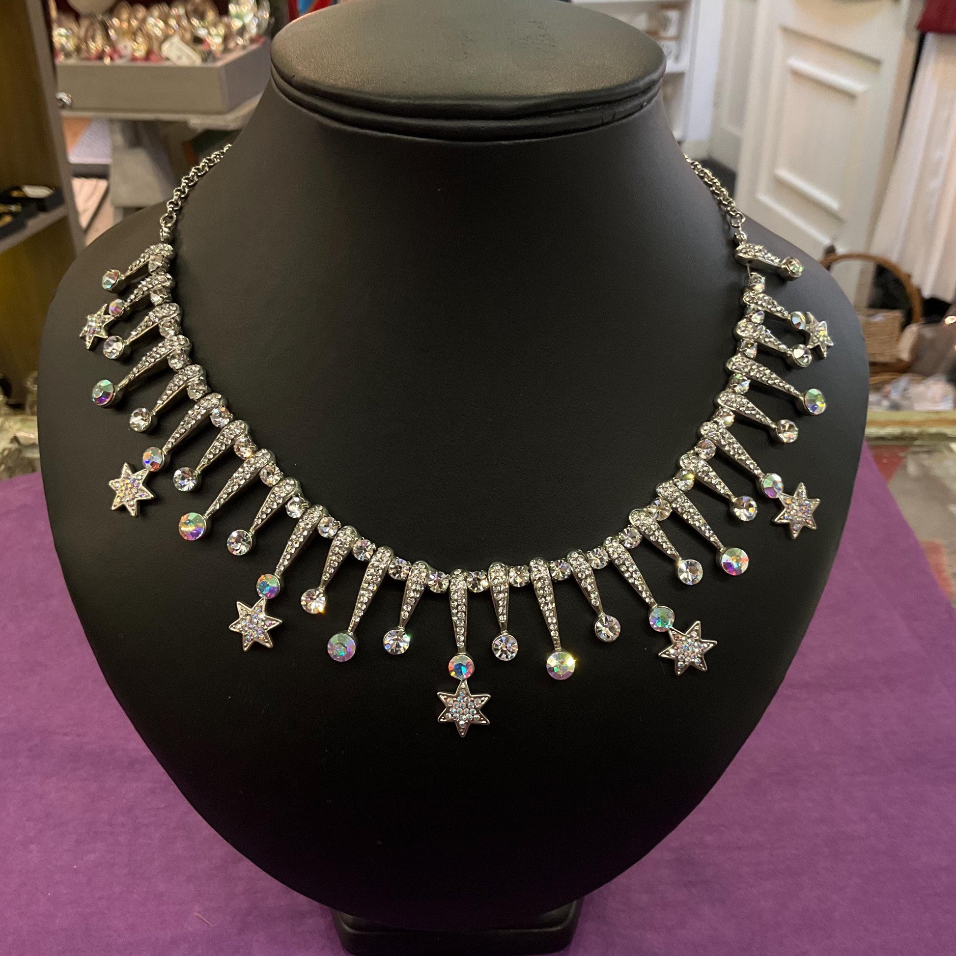 Vintage Butler and Wilson Shooting Stars Statement Crystal Necklace , Silver tone with faceted silver and Aurora Borealis crystals,