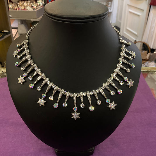 Vintage Butler and Wilson Shooting Stars Statement Crystal Necklace , Silver tone with faceted silver and Aurora Borealis crystals,