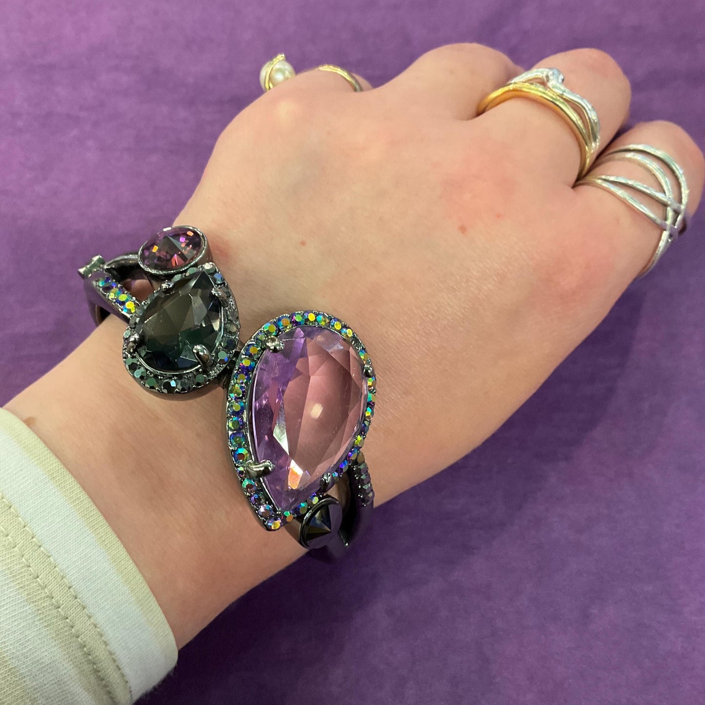 Vintage Butler and Wilson Statement Crystal Bangle, Dark Pewter tone with purple crystals and rainbow rhinestones , sustainable gift