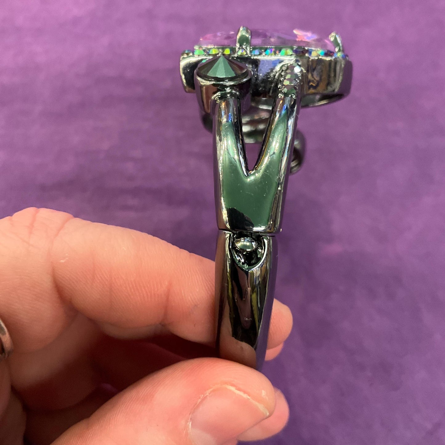 Vintage Butler and Wilson Statement Crystal Bangle, Dark Pewter tone with purple crystals and rainbow rhinestones , sustainable gift