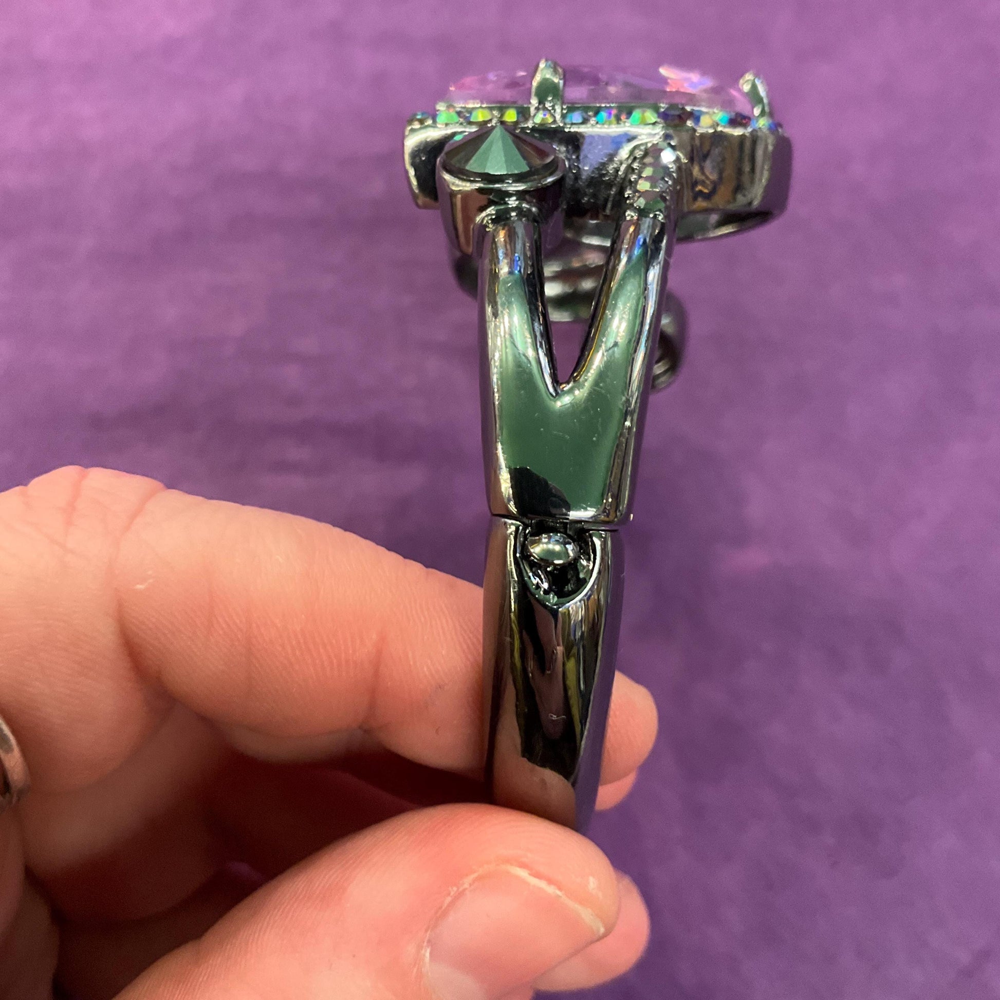 Vintage Butler and Wilson Statement Crystal Bangle, Dark Pewter tone with purple crystals and rainbow rhinestones , sustainable gift