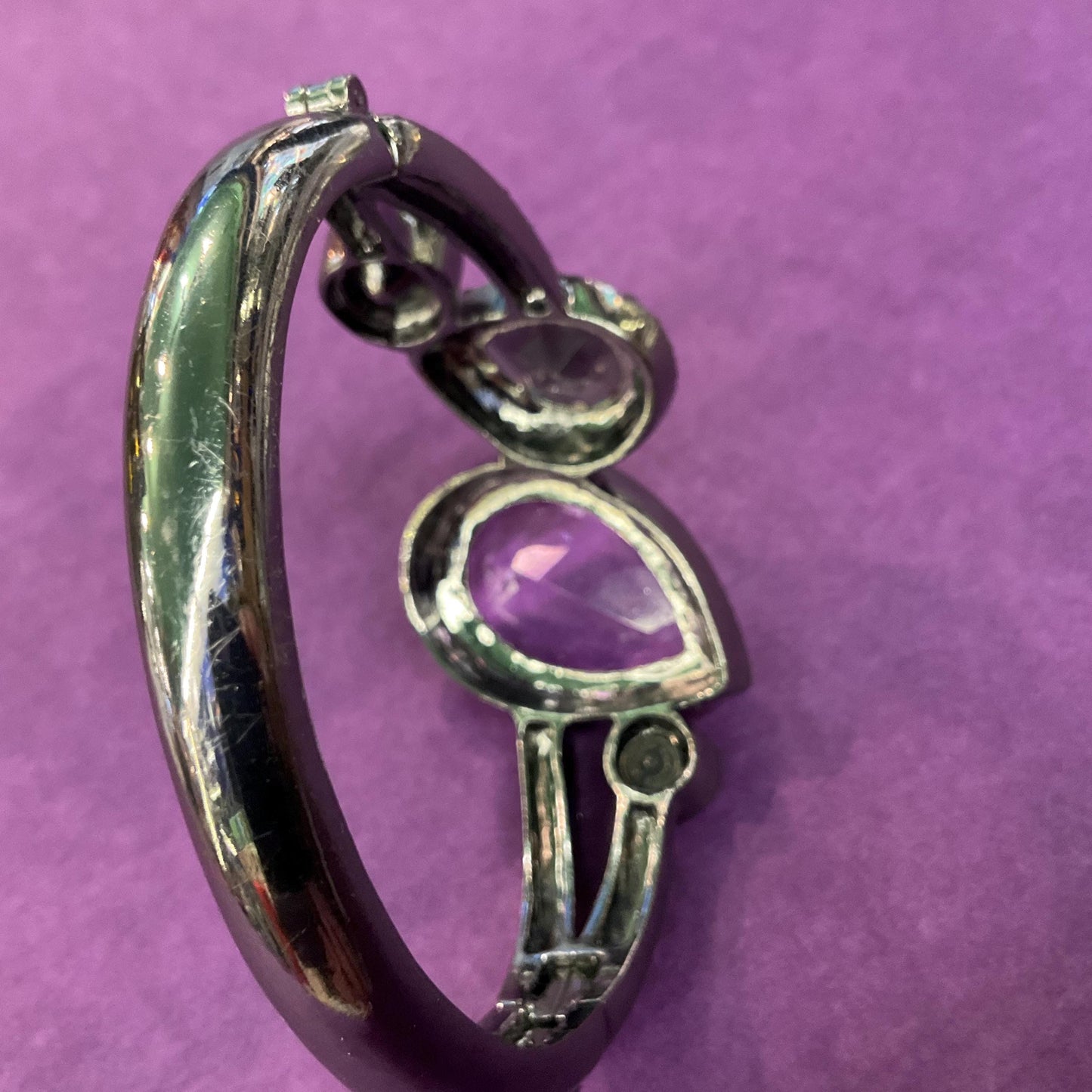 Vintage Butler and Wilson Statement Crystal Bangle, Dark Pewter tone with purple crystals and rainbow rhinestones , sustainable gift