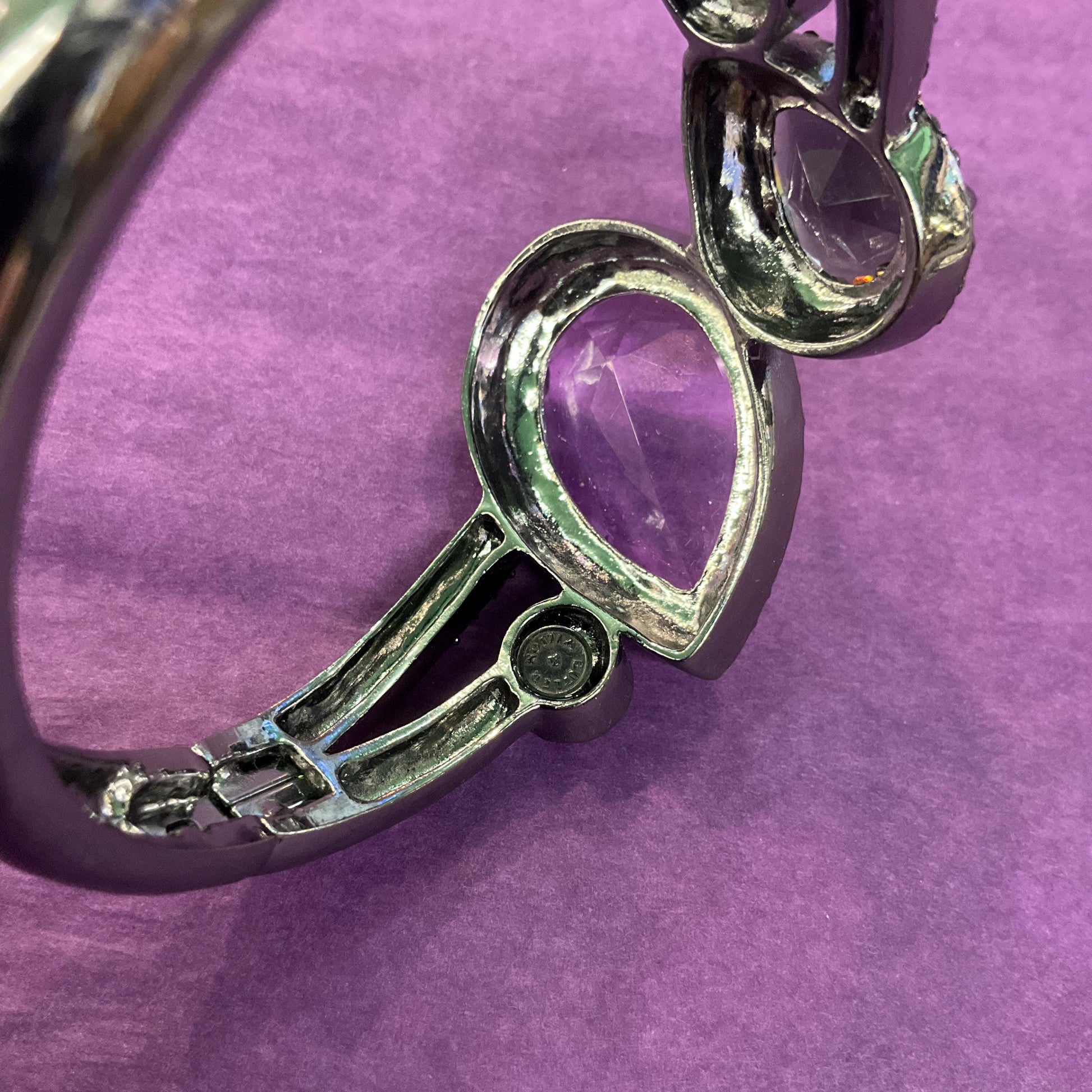 Vintage Butler and Wilson Statement Crystal Bangle, Dark Pewter tone with purple crystals and rainbow rhinestones , sustainable gift