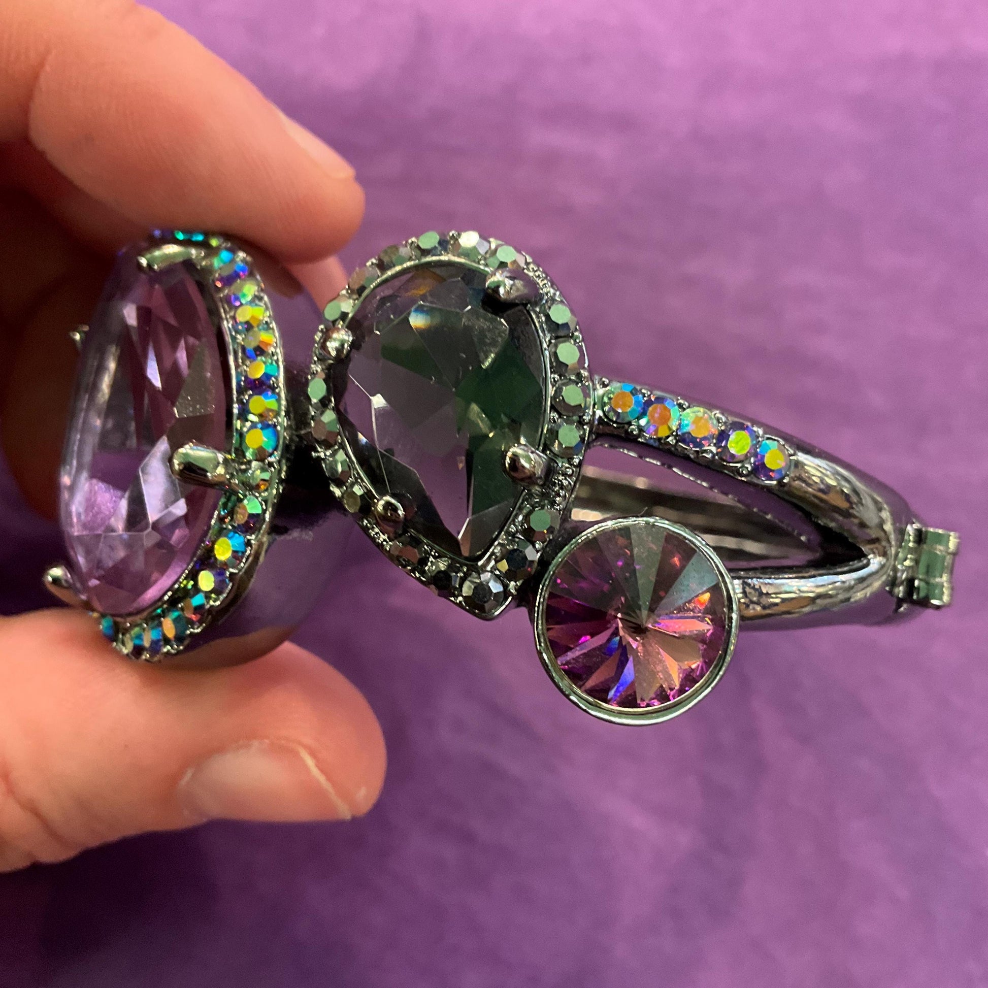 Vintage Butler and Wilson Statement Crystal Bangle, Dark Pewter tone with purple crystals and rainbow rhinestones , sustainable gift