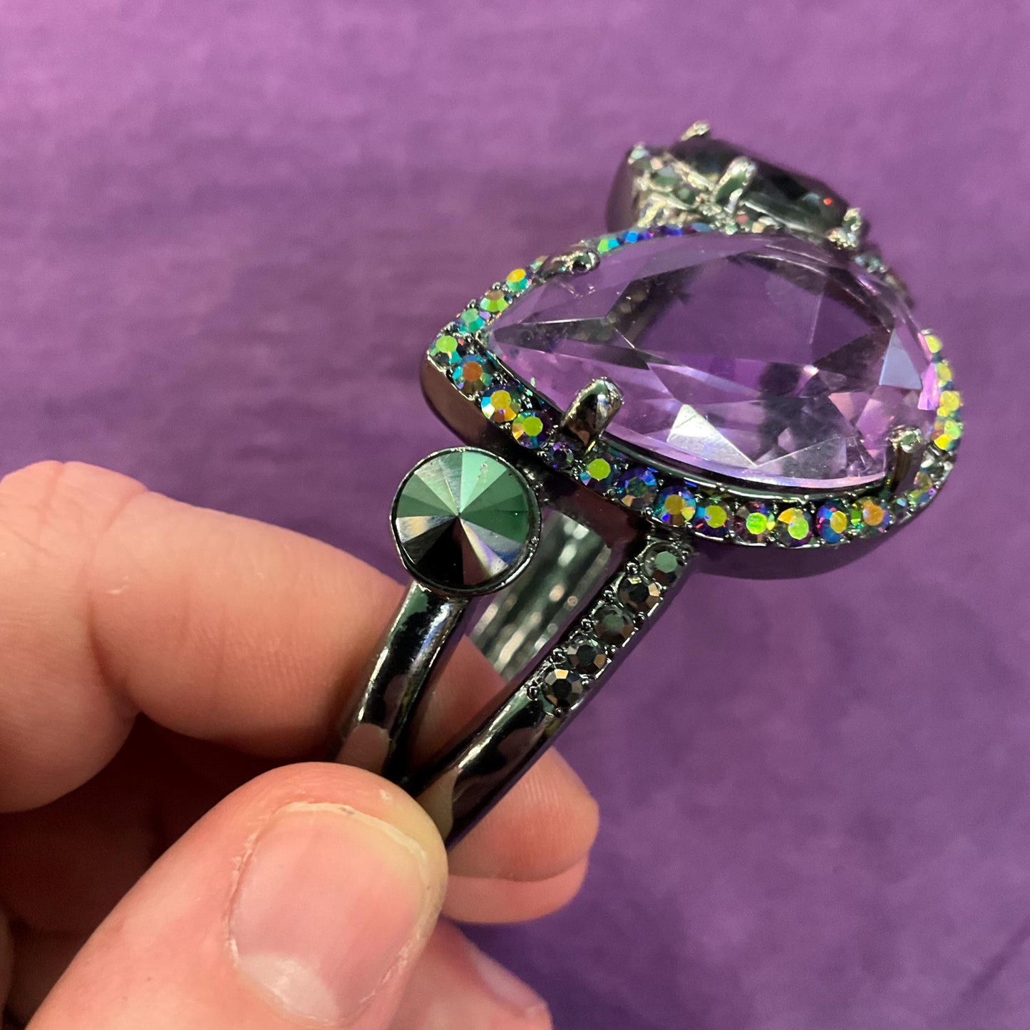 Vintage Butler and Wilson Statement Crystal Bangle, Dark Pewter tone with purple crystals and rainbow rhinestones , sustainable gift
