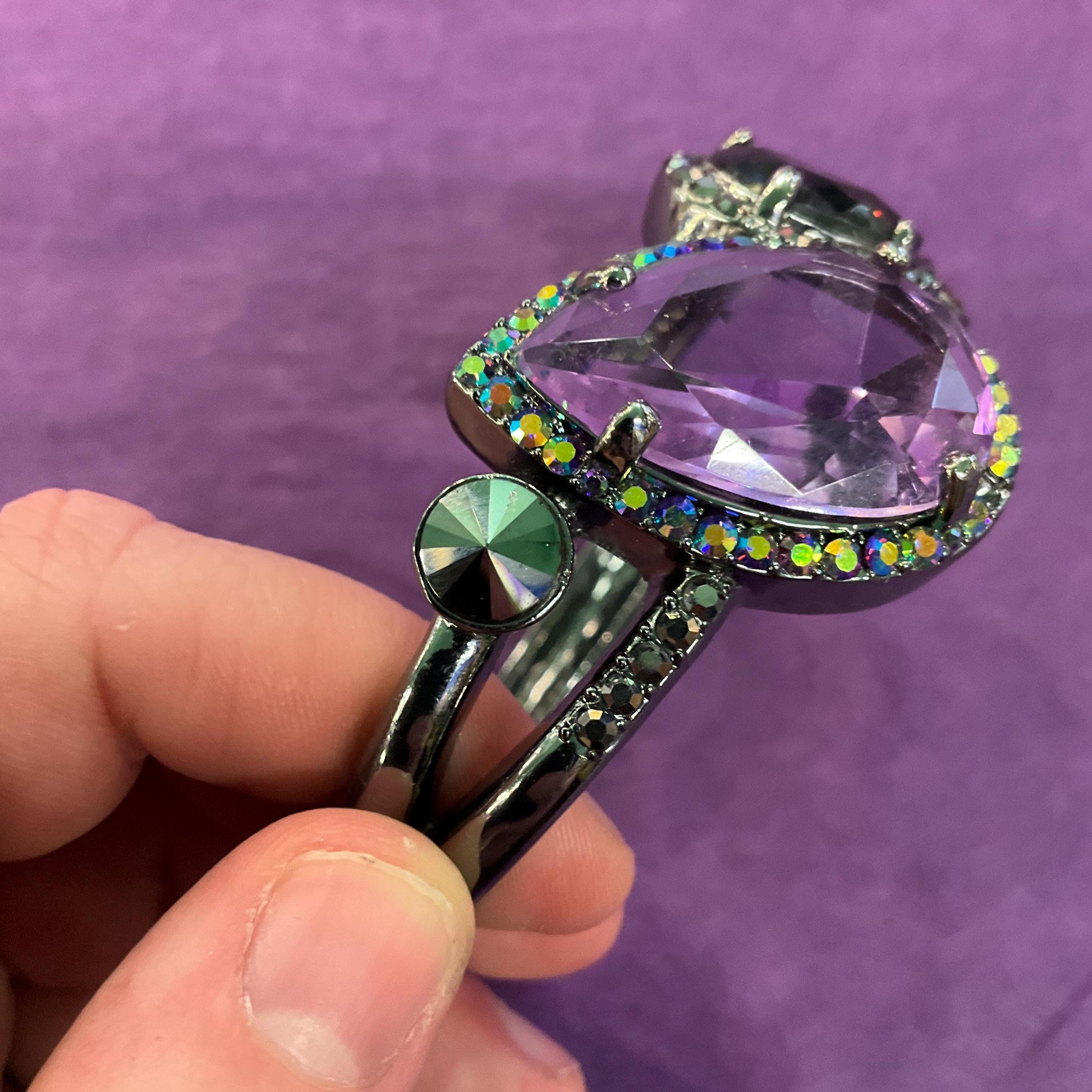 Vintage Butler and Wilson Statement Crystal Bangle, Dark Pewter tone with purple crystals and rainbow rhinestones , sustainable gift