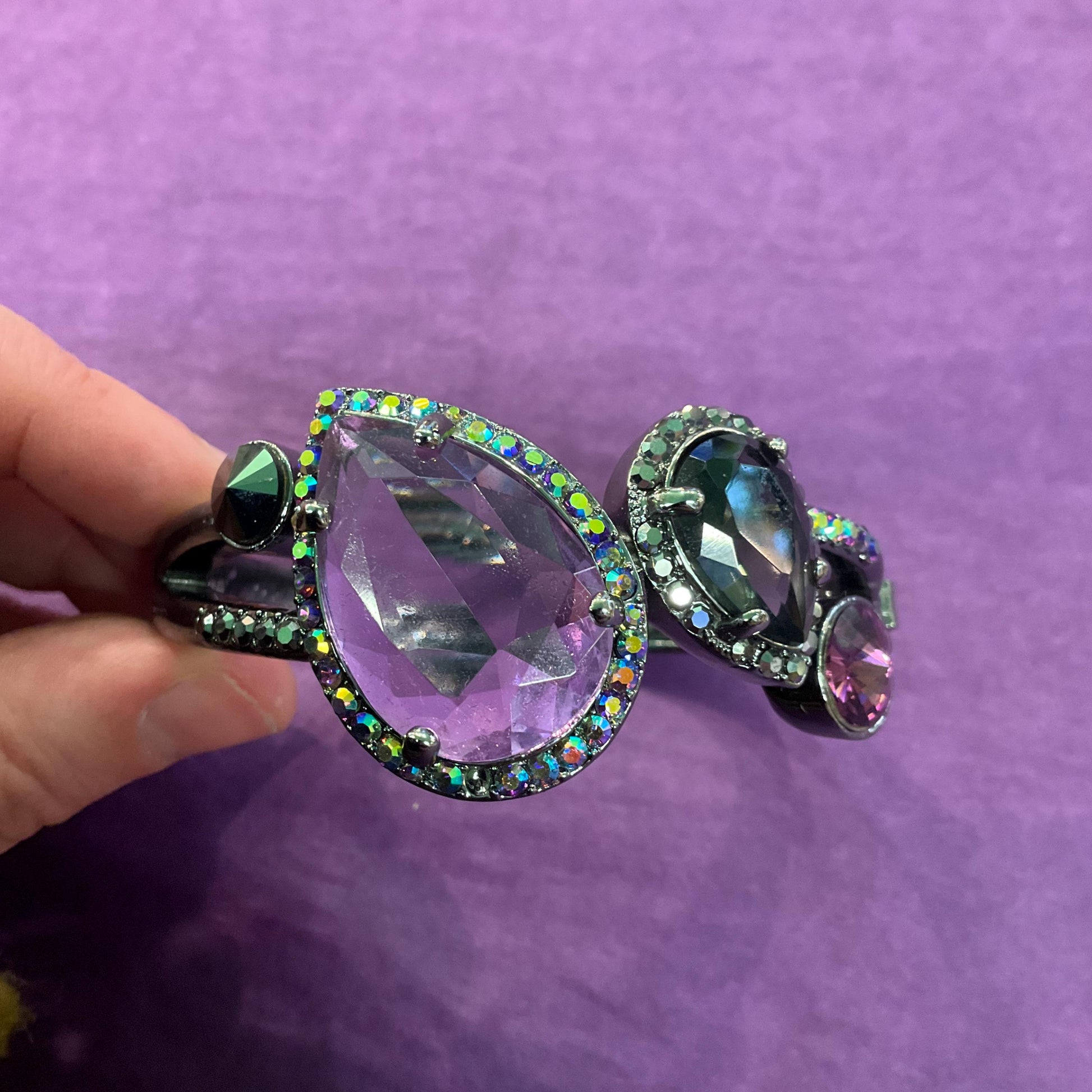 Vintage Butler and Wilson Statement Crystal Bangle, Dark Pewter tone with purple crystals and rainbow rhinestones , sustainable gift