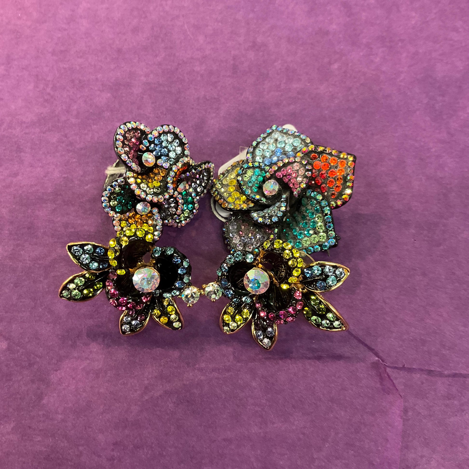 Vintage Butler and Wilson Large Pansy Rainbow Crystal Earrings, Gold tone with ombré Borealis rhinestones, sustainable gift