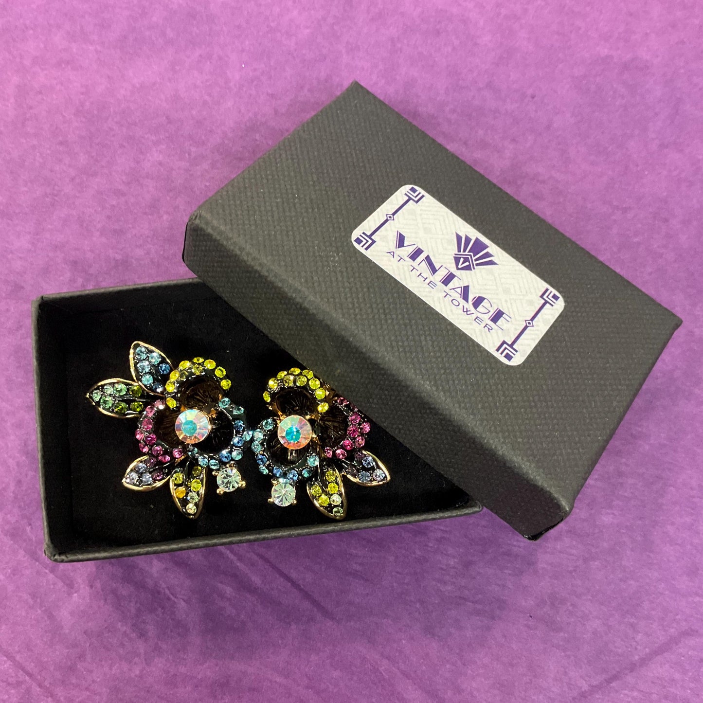Vintage Butler and Wilson Large Pansy Rainbow Crystal Earrings, Gold tone with ombré Borealis rhinestones, sustainable gift