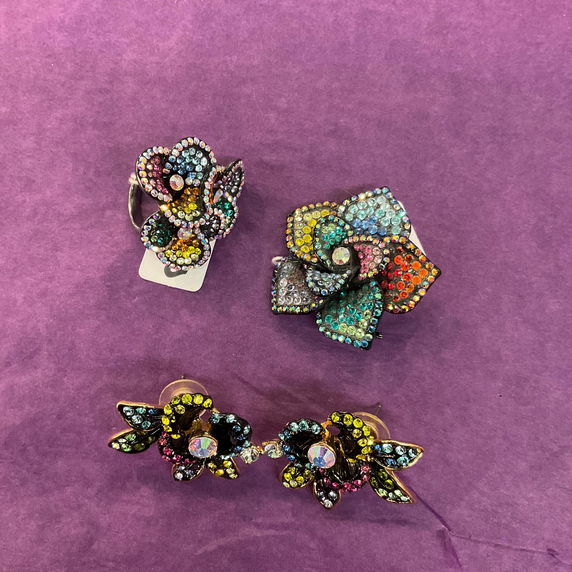 Vintage Butler and Wilson Large Pansy Rainbow Crystal Earrings, Gold tone with ombré Borealis rhinestones, sustainable gift