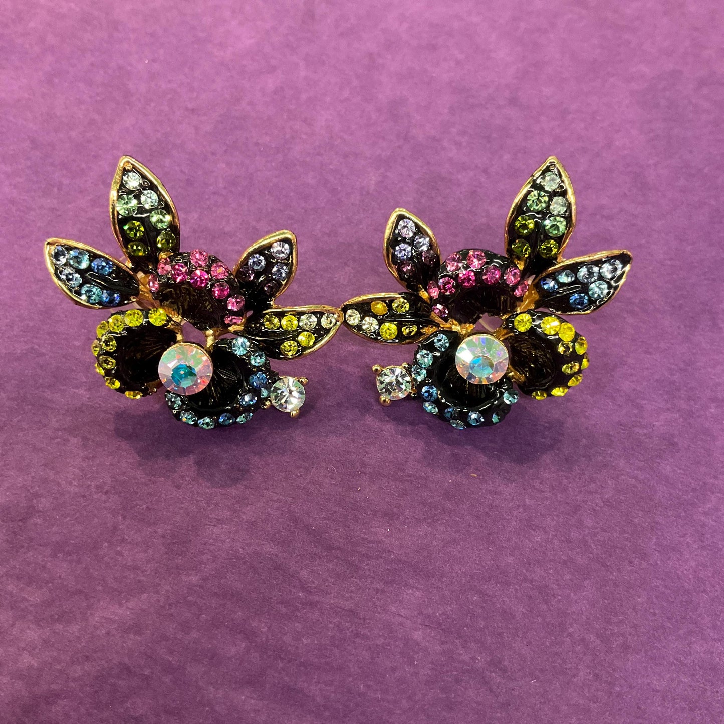 Vintage Butler and Wilson Large Pansy Rainbow Crystal Earrings, Gold tone with ombré Borealis rhinestones, sustainable gift