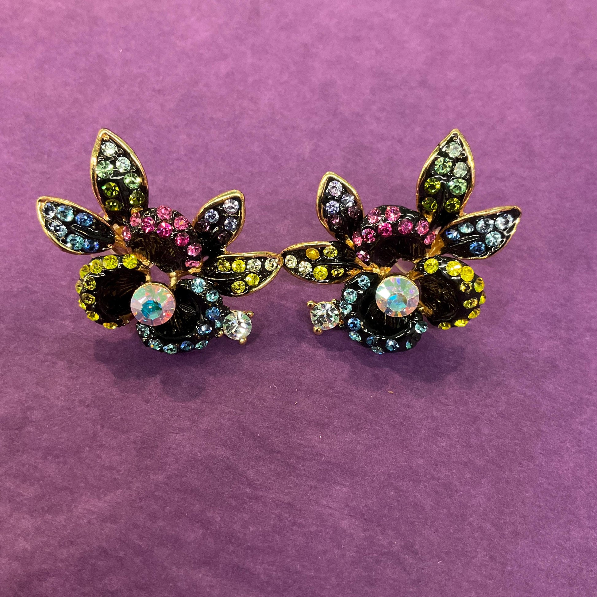 Vintage Butler and Wilson Large Pansy Rainbow Crystal Earrings, Gold tone with ombré Borealis rhinestones, sustainable gift