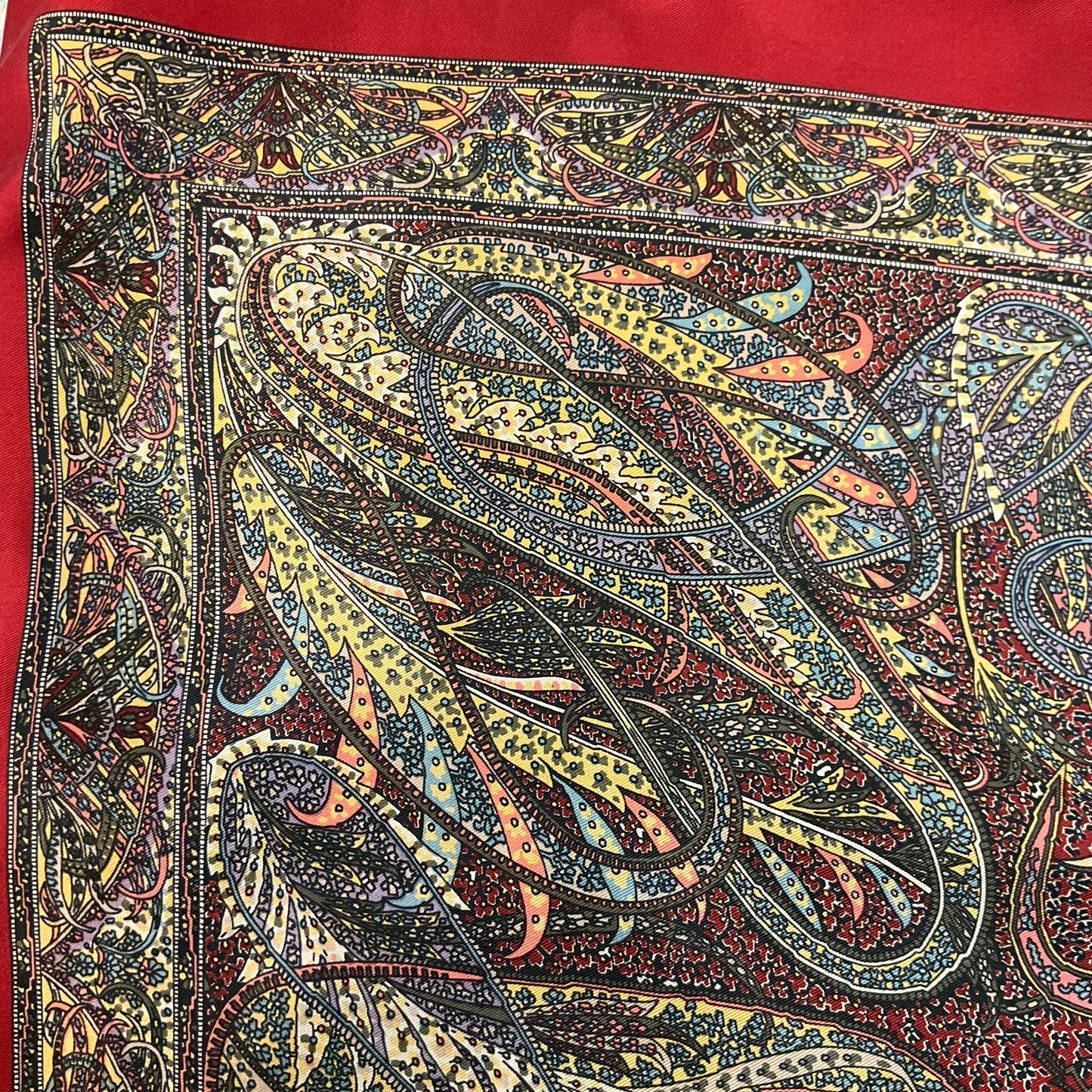 Vintage Liberty Pure Silk Paisley Scarf, intricate print in shades of red, gold and blue, Hand rolled, Sustainable gift