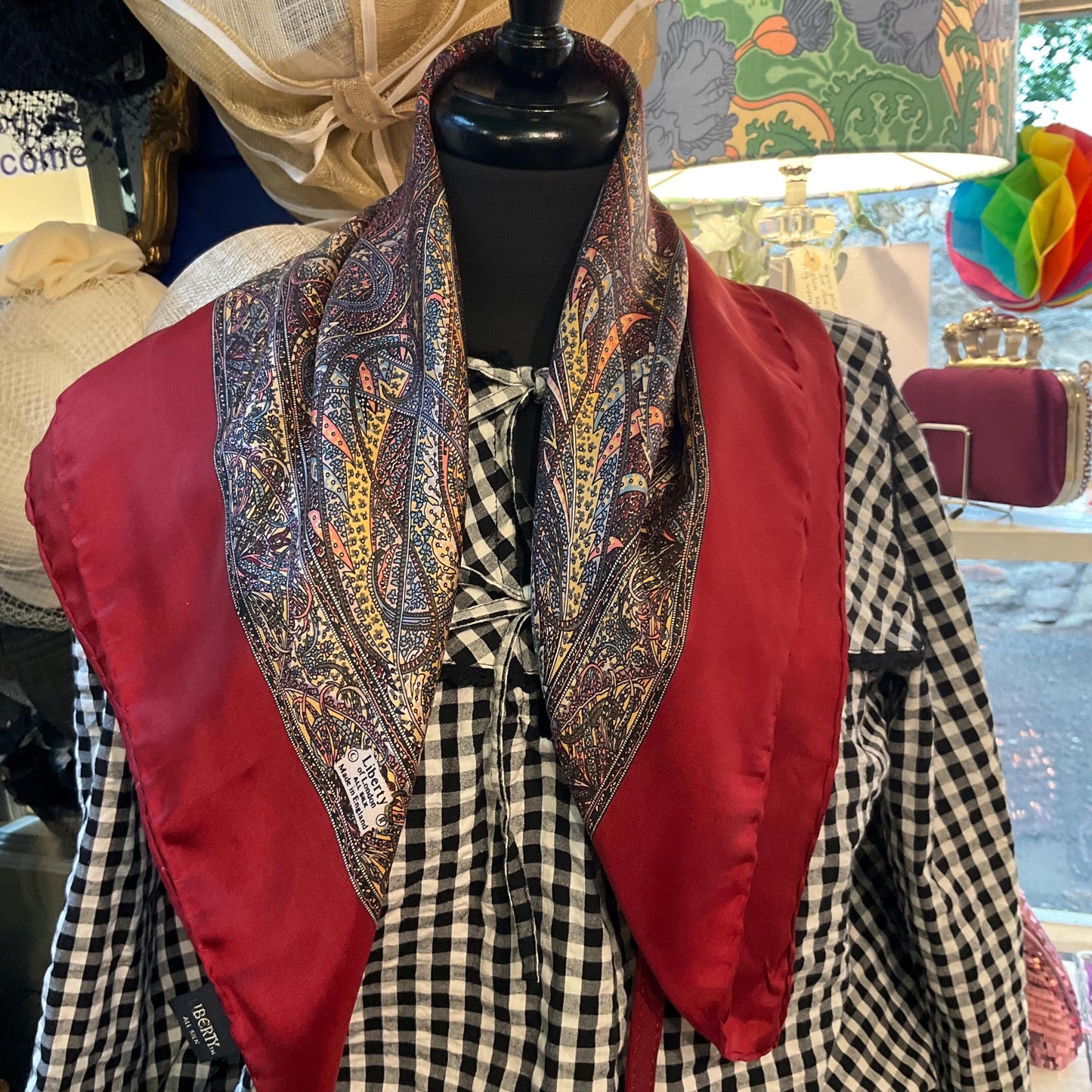 Vintage Liberty Pure Silk Paisley Scarf, intricate print in shades of red, gold and blue, Hand rolled, Sustainable gift