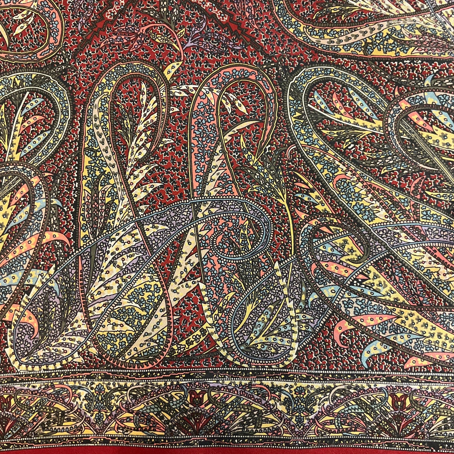 Vintage Liberty Pure Silk Paisley Scarf, intricate print in shades of red, gold and blue, Hand rolled, Sustainable gift
