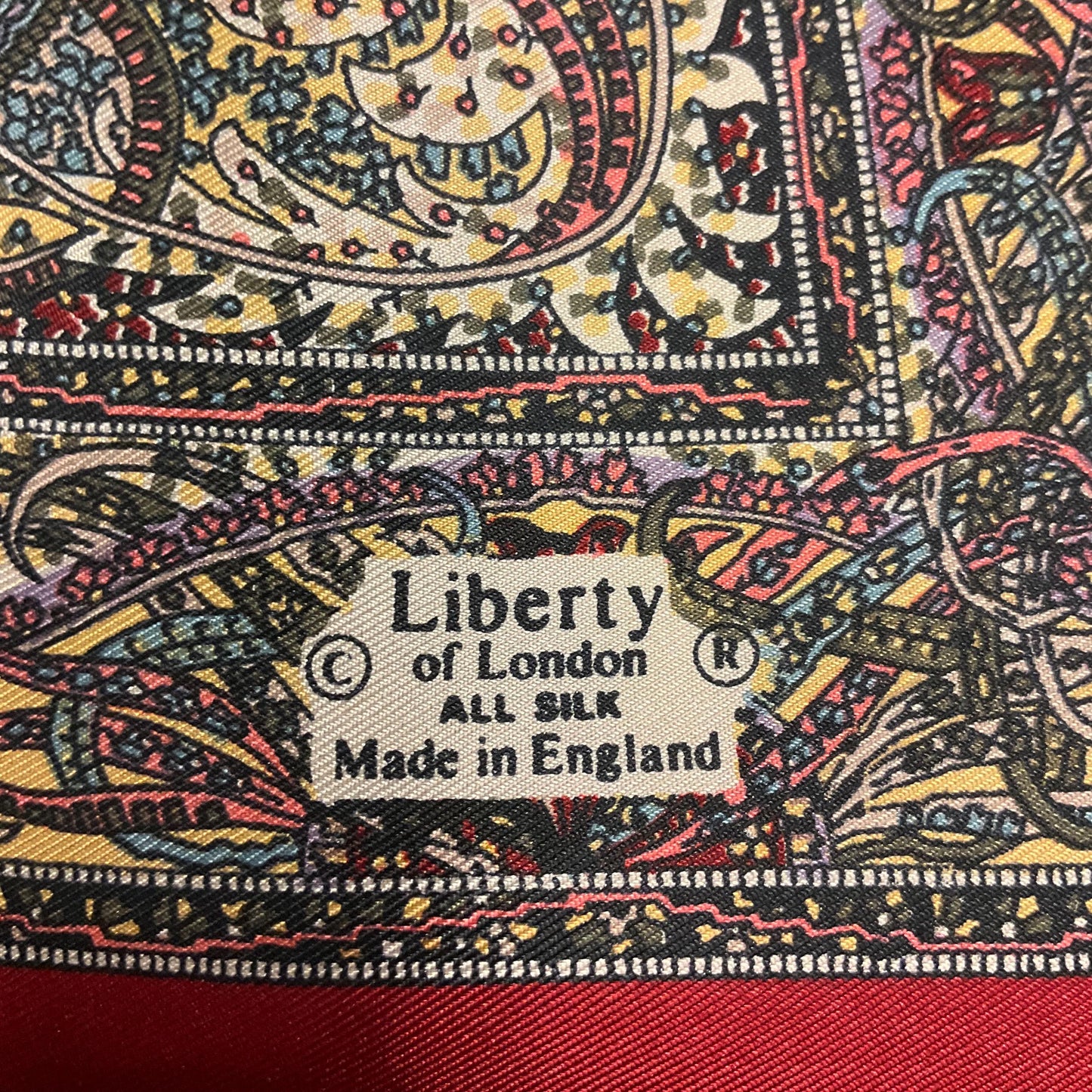 Vintage Liberty Pure Silk Paisley Scarf, intricate print in shades of red, gold and blue, Hand rolled, Sustainable gift