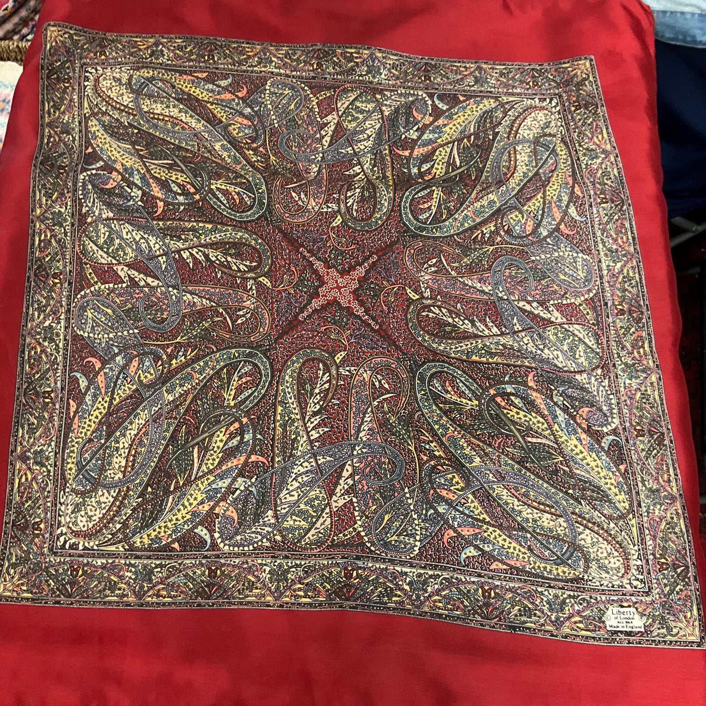Vintage Liberty Pure Silk Paisley Scarf, intricate print in shades of red, gold and blue, Hand rolled, Sustainable gift