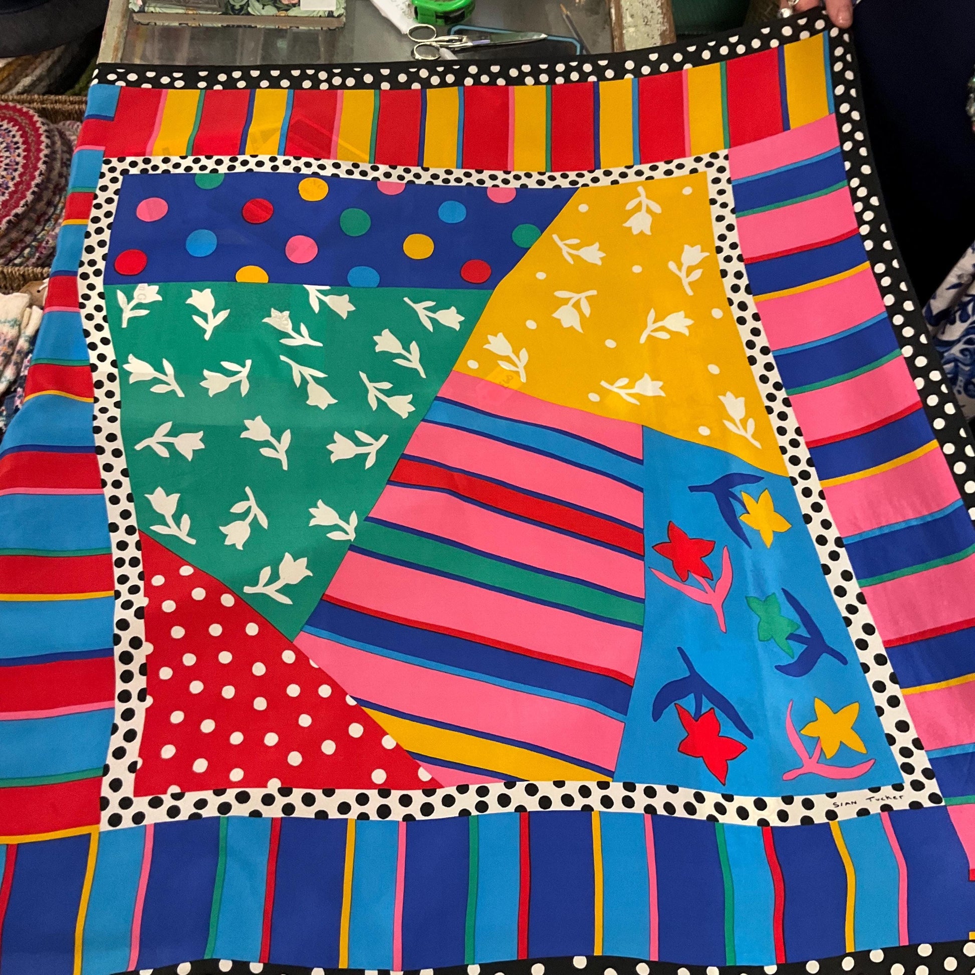 Vintage 1980s Sian Tucker Large Vibrant Graphic Print Pure Silk Scarf, Flowers, stripes and pillar dots in bright jewel colours