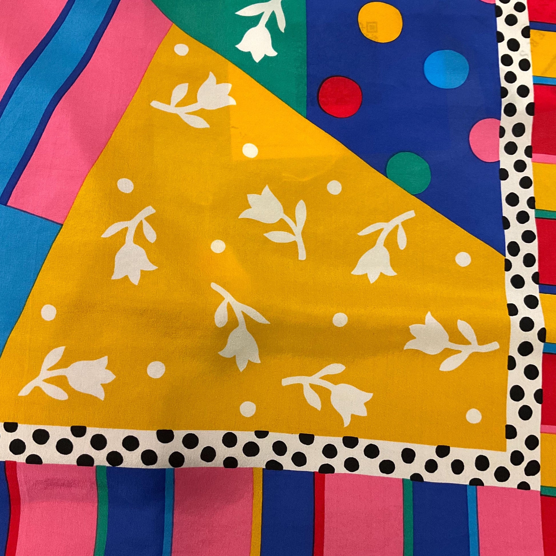 Vintage 1980s Sian Tucker Large Vibrant Graphic Print Pure Silk Scarf, Flowers, stripes and pillar dots in bright jewel colours
