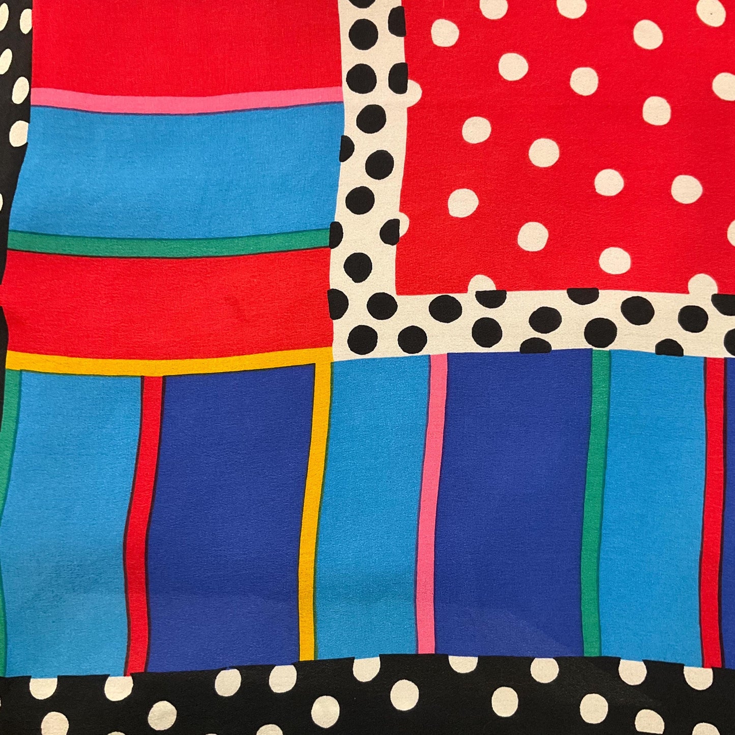 Vintage 1980s Sian Tucker Large Vibrant Graphic Print Pure Silk Scarf, Flowers, stripes and pillar dots in bright jewel colours