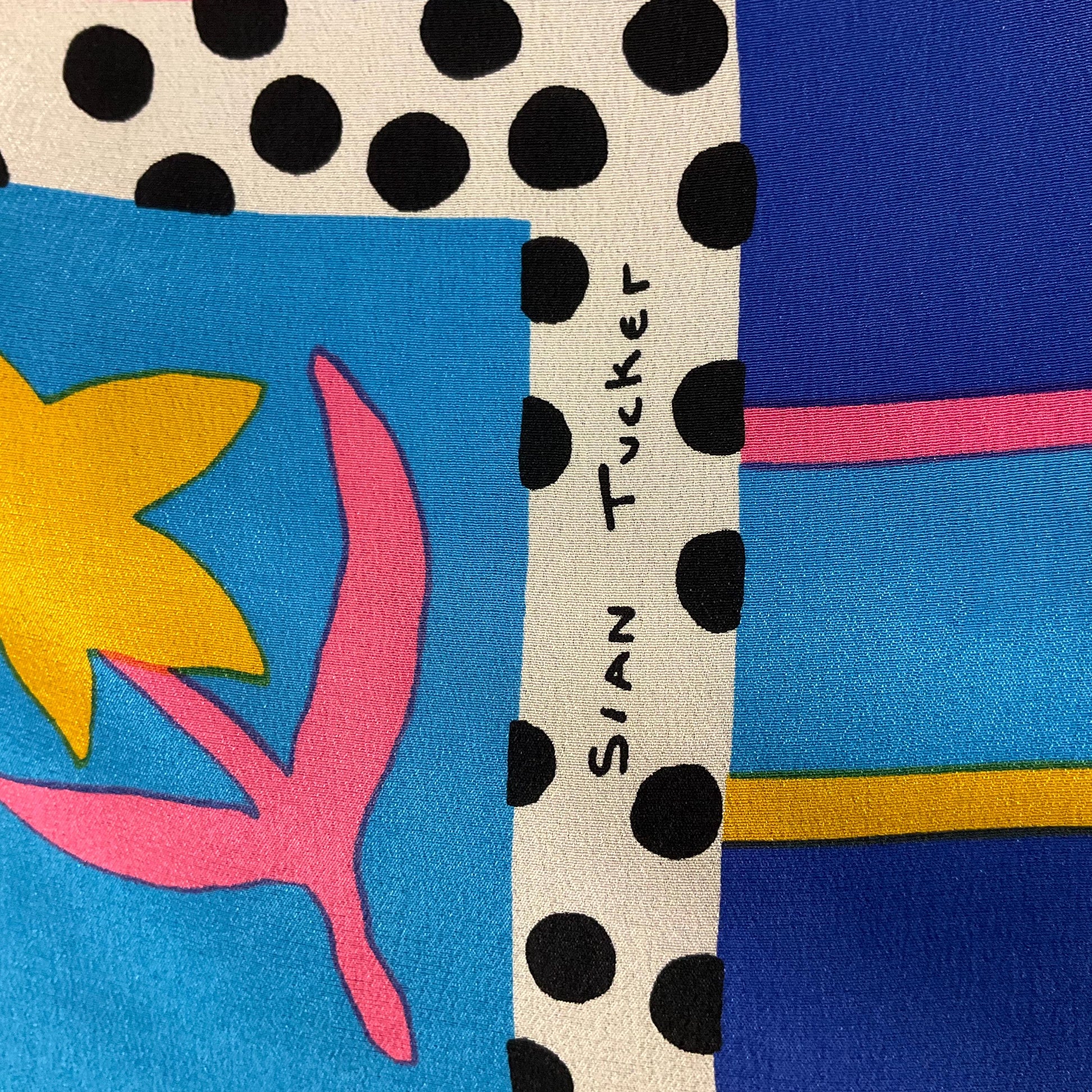 Vintage 1980s Sian Tucker Large Vibrant Graphic Print Pure Silk Scarf, Flowers, stripes and pillar dots in bright jewel colours