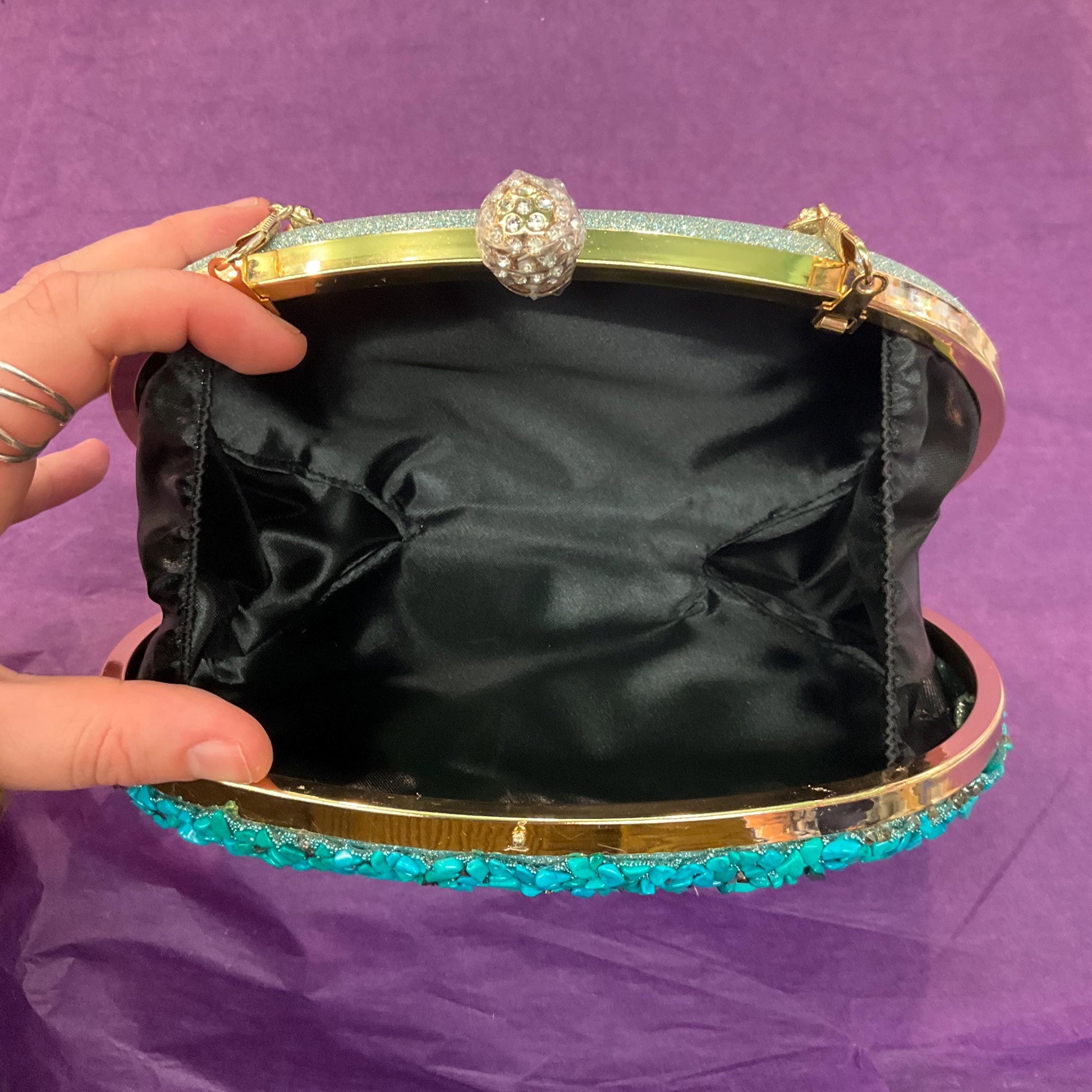 Vintage Turquoise Boxy oval Evening Bag, Gold Tone metal frame, Diamanté clasp and turquoise style chips, sustainable gift