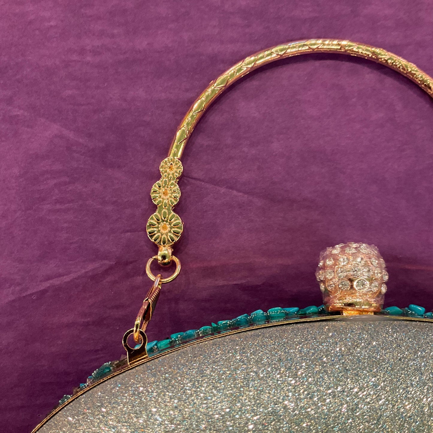 Vintage Turquoise Boxy oval Evening Bag, Gold Tone metal frame, Diamanté clasp and turquoise style chips, sustainable gift