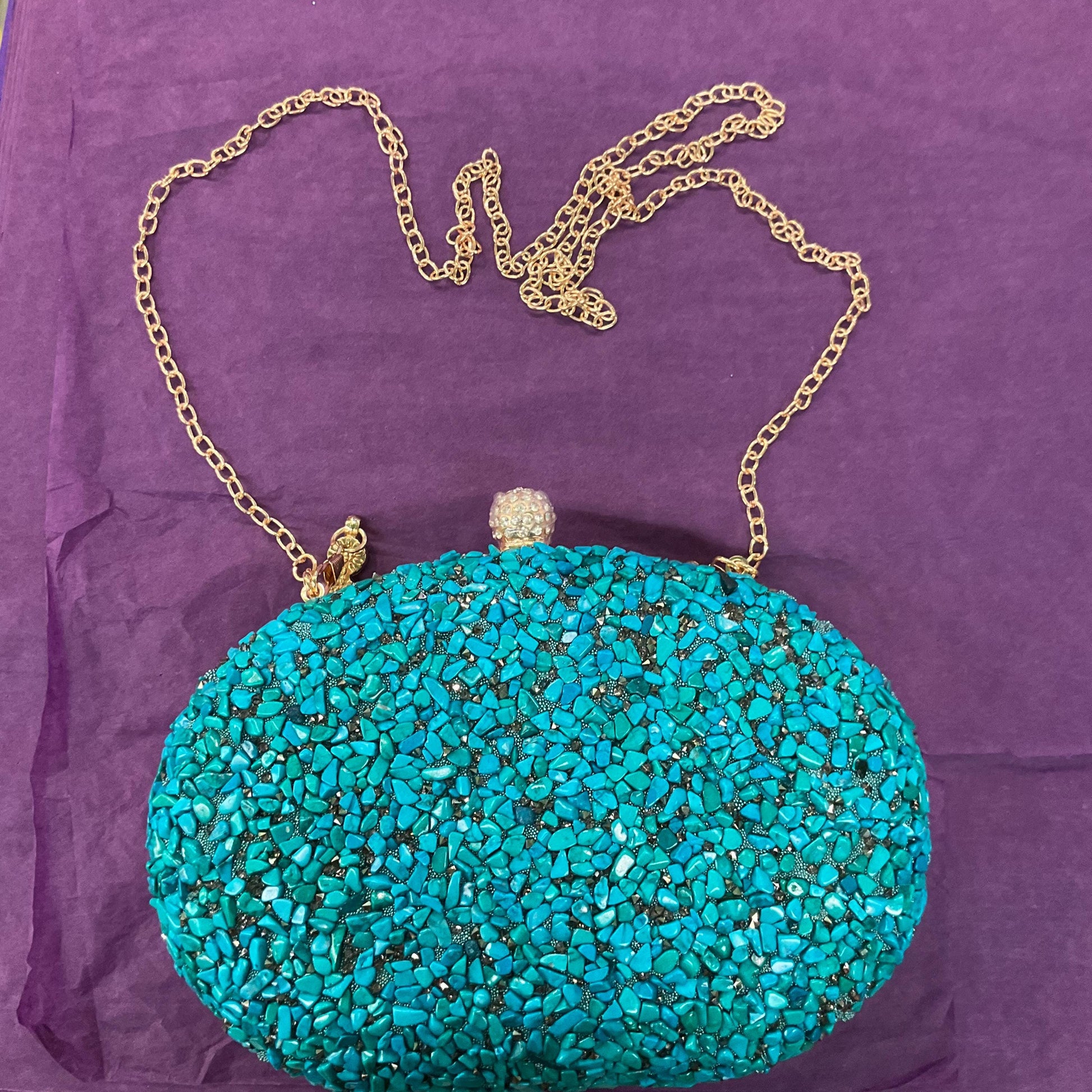 Vintage Turquoise Boxy oval Evening Bag, Gold Tone metal frame, Diamanté clasp and turquoise style chips, sustainable gift