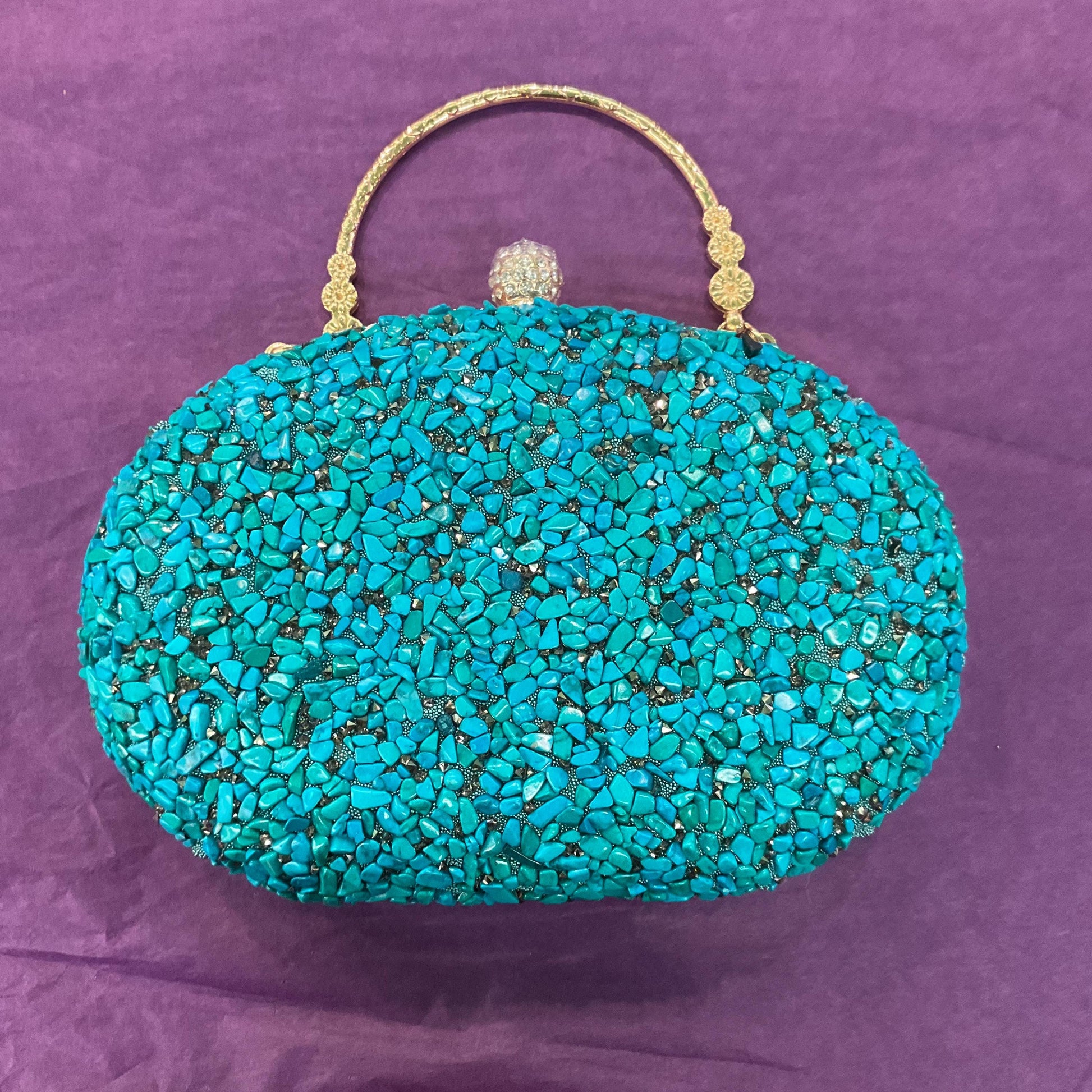 Vintage Turquoise Boxy oval Evening Bag, Gold Tone metal frame, Diamanté clasp and turquoise style chips, sustainable gift