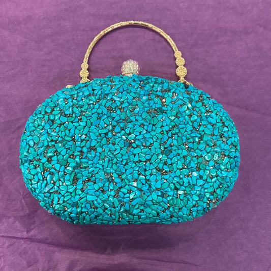 Vintage Turquoise Boxy oval Evening Bag, Gold Tone metal frame, Diamanté clasp and turquoise style chips, sustainable gift
