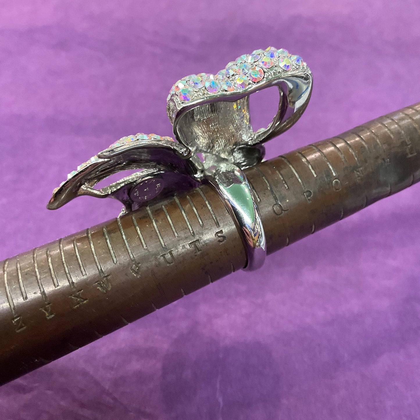 Vintage Butler and Wilson Large Statement Crystal Bow Ring, Silver tone with Aurora Borealis rhinestones, UK Size R, US size 9