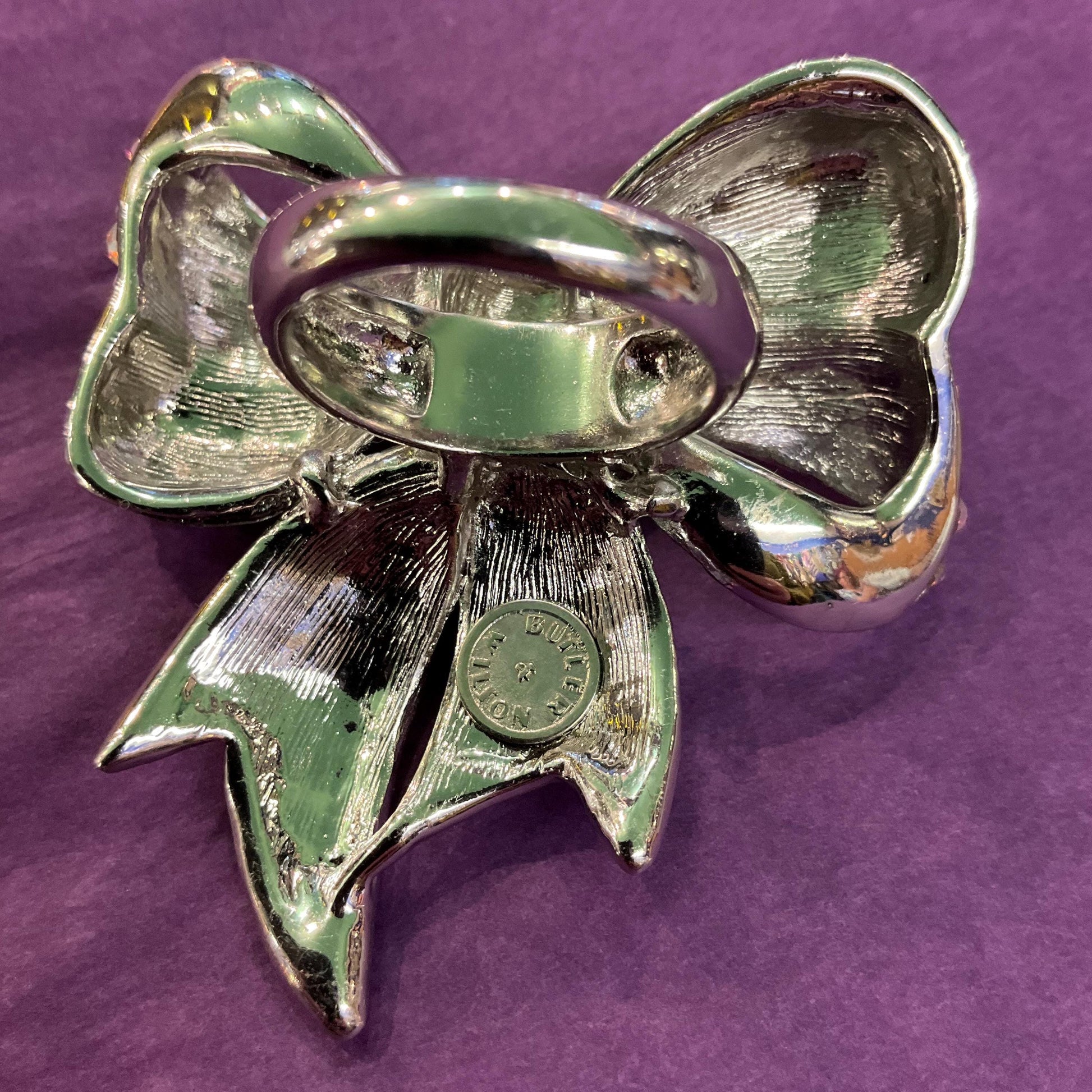Vintage Butler and Wilson Large Statement Crystal Bow Ring, Silver tone with Aurora Borealis rhinestones, UK Size R, US size 9