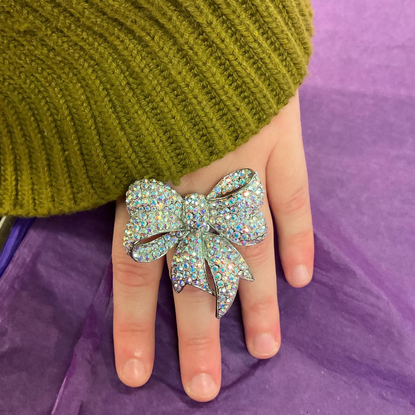 Vintage Butler and Wilson Large Statement Crystal Bow Ring, Silver tone with Aurora Borealis rhinestones, UK Size R, US size 9