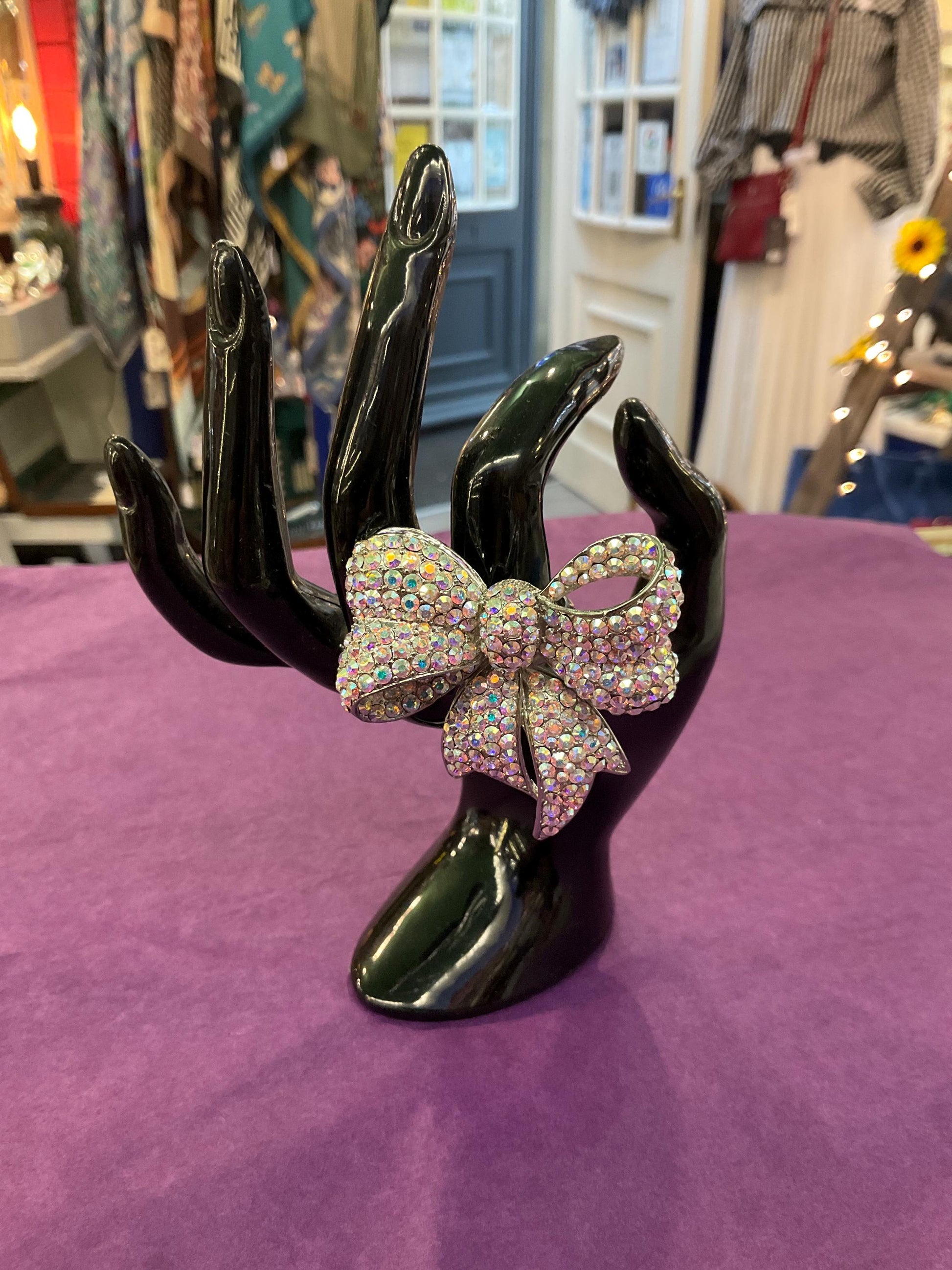 Vintage Butler and Wilson Large Statement Crystal Bow Ring, Silver tone with Aurora Borealis rhinestones, UK Size R, US size 9