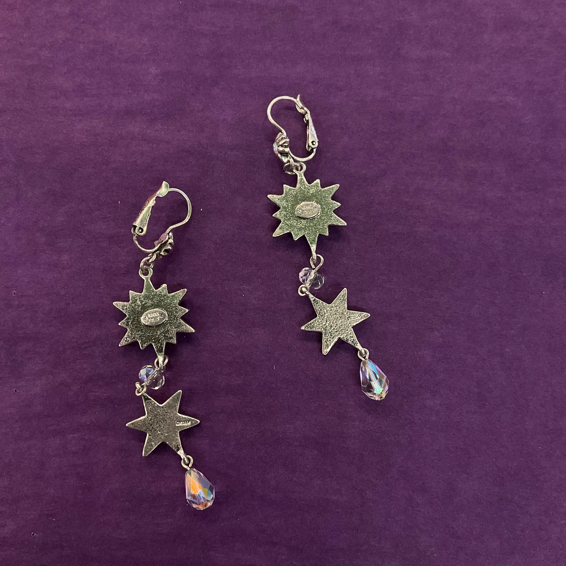 Vintage Kirk’s Folly Long Drop star crystal earrings, silver tone with Aurora Borealis crystals and rhinestones, sustainable gift