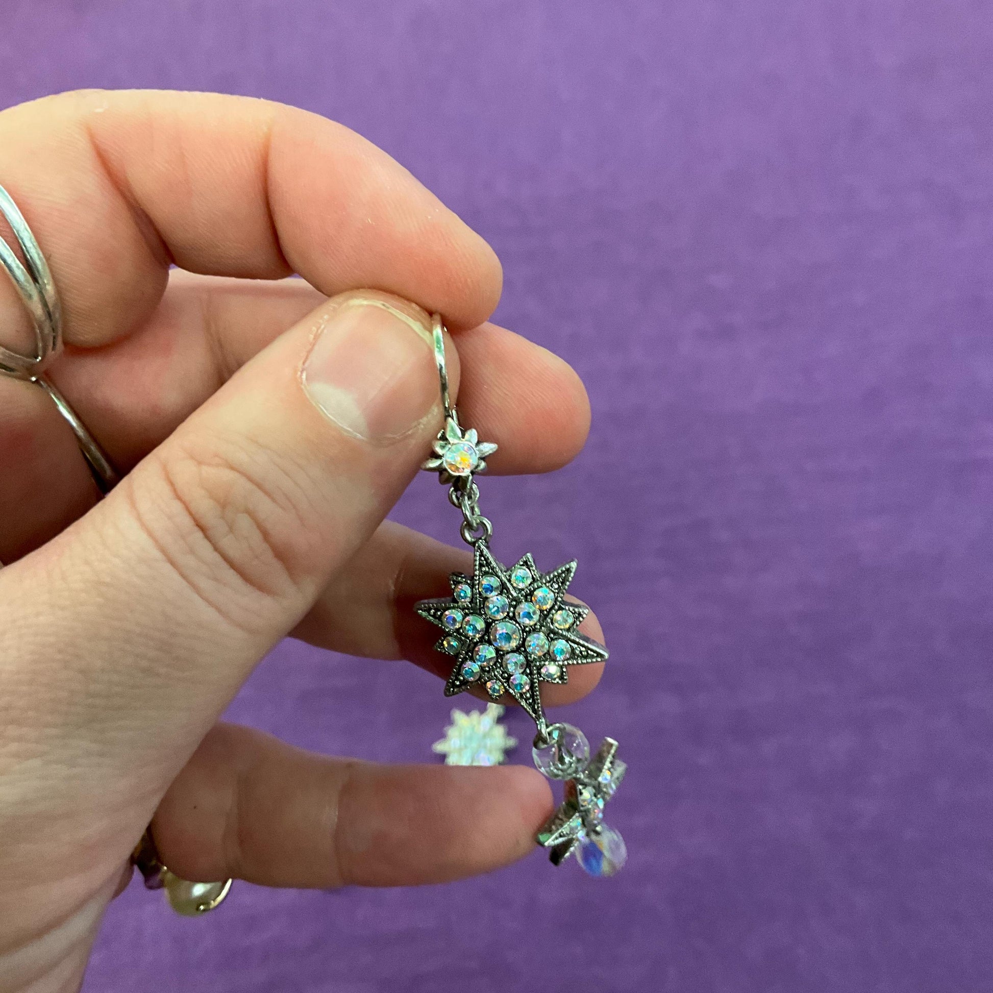 Vintage Kirk’s Folly Long Drop star crystal earrings, silver tone with Aurora Borealis crystals and rhinestones, sustainable gift