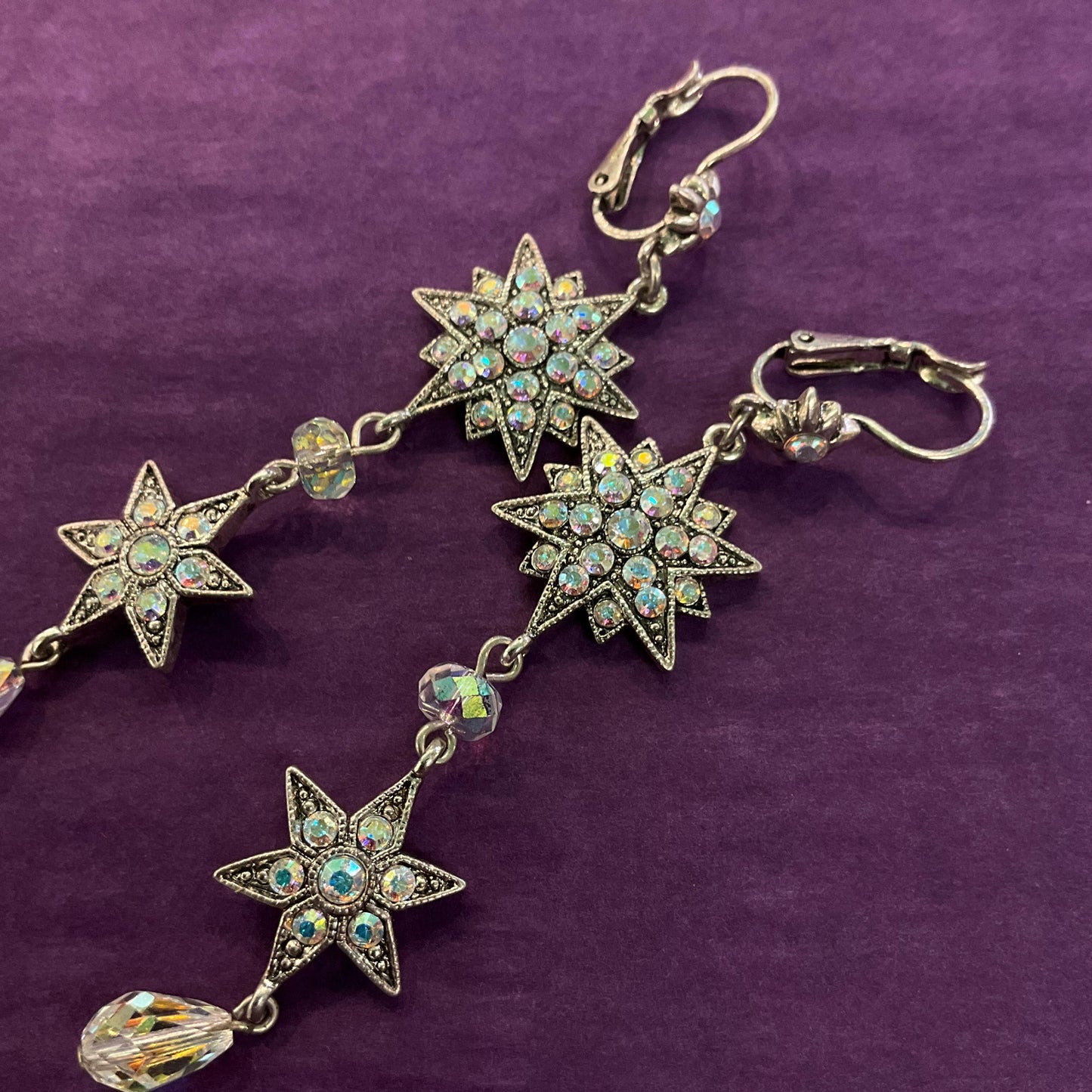 Vintage Kirk’s Folly Long Drop star crystal earrings, silver tone with Aurora Borealis crystals and rhinestones, sustainable gift