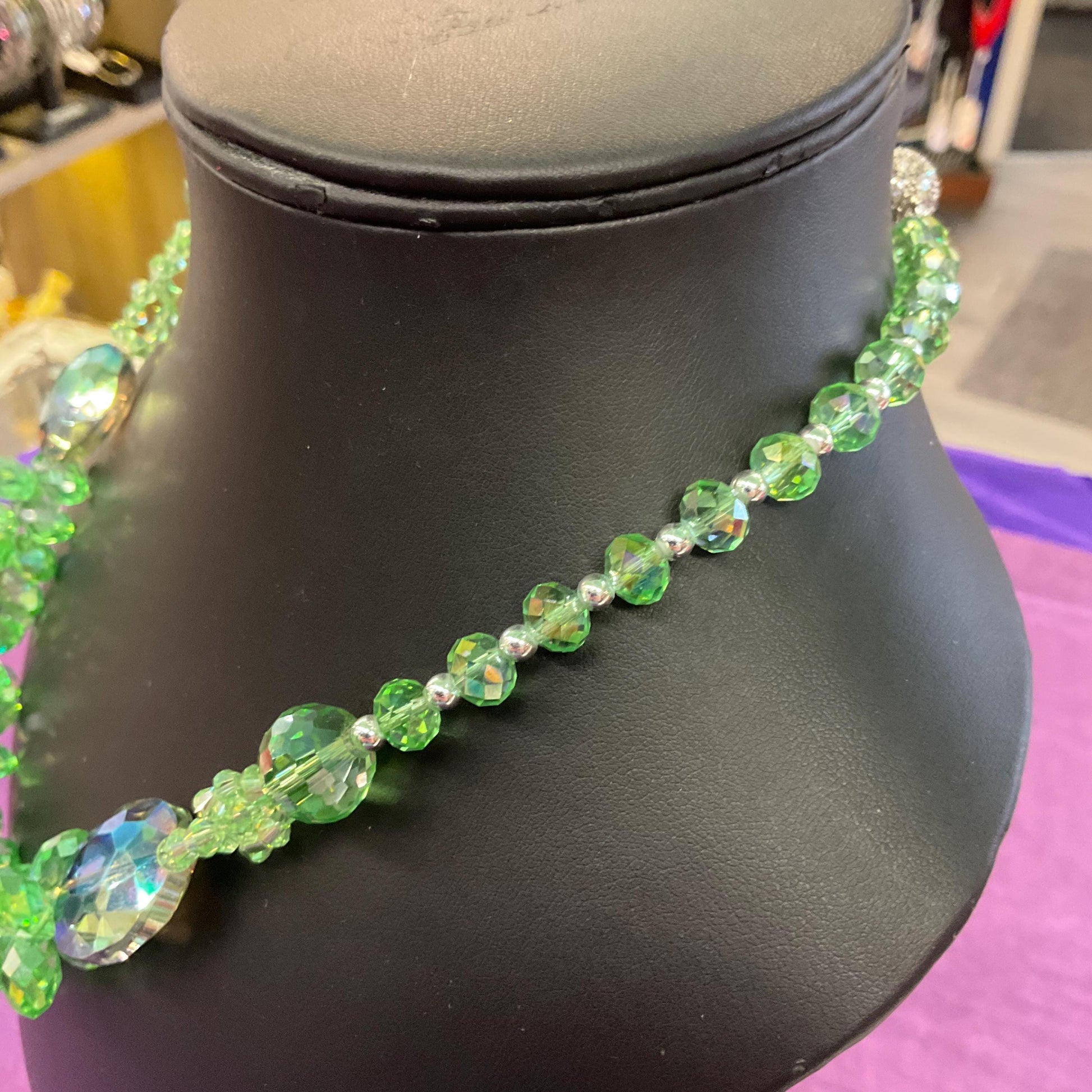 Vintage Butler and Wilson Statement Green Borealis Crystal Cluster Necklace, faceted crystals and silver beads
