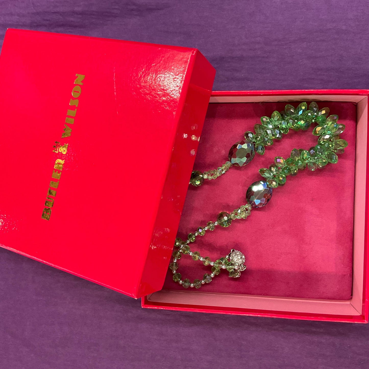 Vintage Butler and Wilson Statement Green Borealis Crystal Cluster Necklace, faceted crystals and silver beads