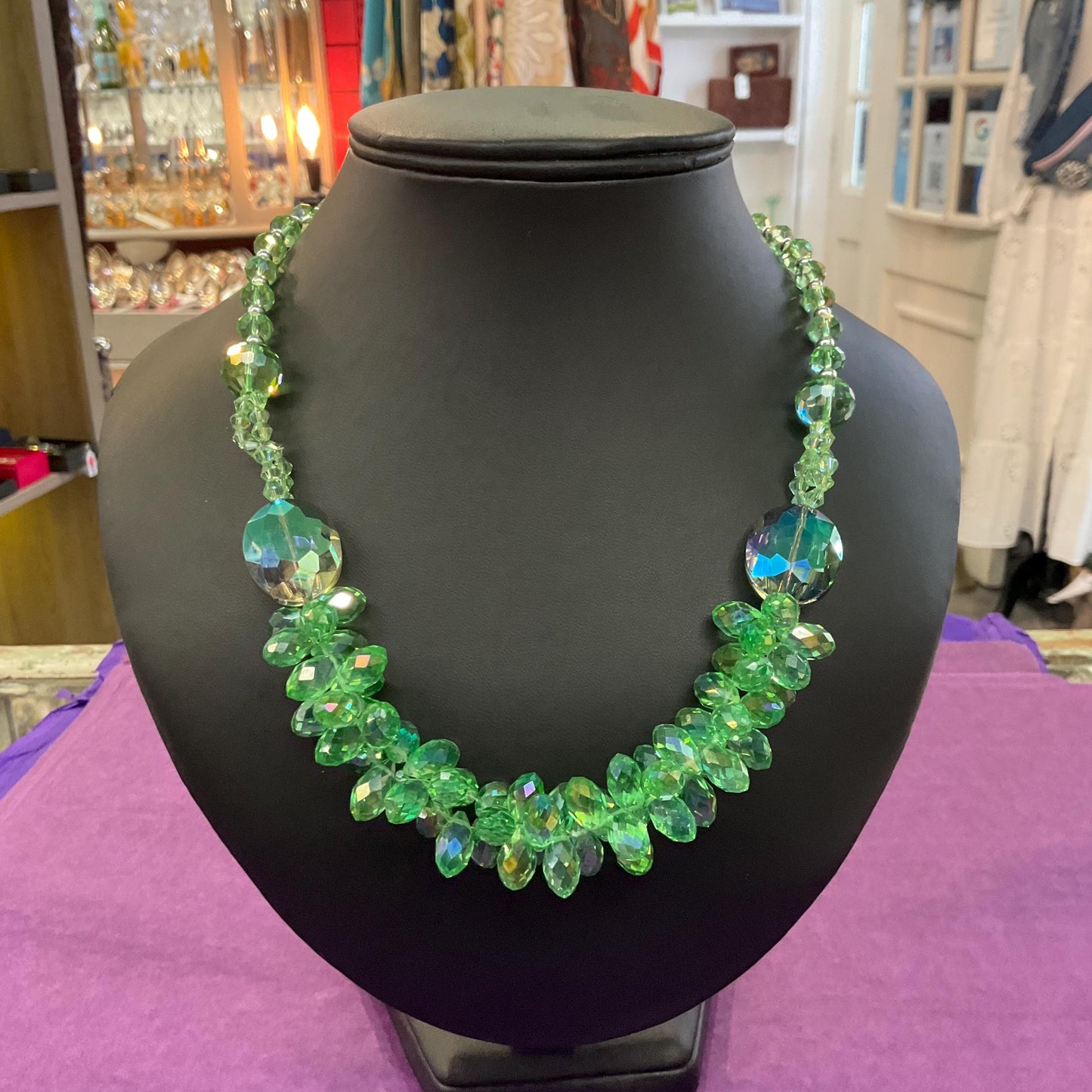 Vintage Butler and Wilson Statement Green Borealis Crystal Cluster Necklace, faceted crystals and silver beads