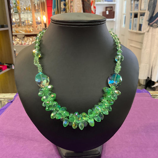 Vintage Butler and Wilson Statement Green Borealis Crystal Cluster Necklace, faceted crystals and silver beads