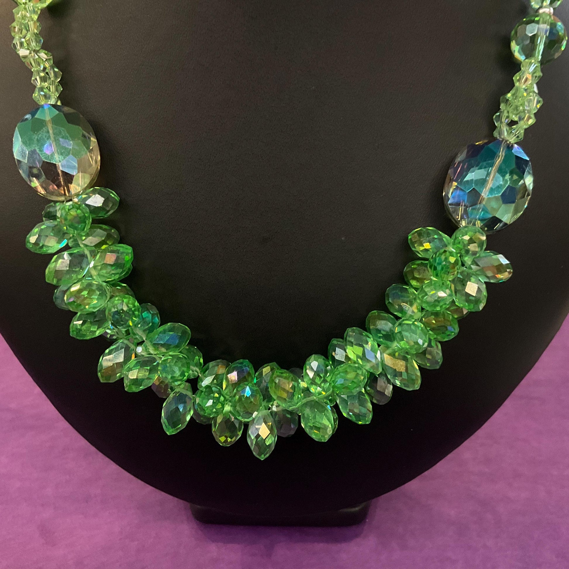 Vintage Butler and Wilson Statement Green Borealis Crystal Cluster Necklace, faceted crystals and silver beads