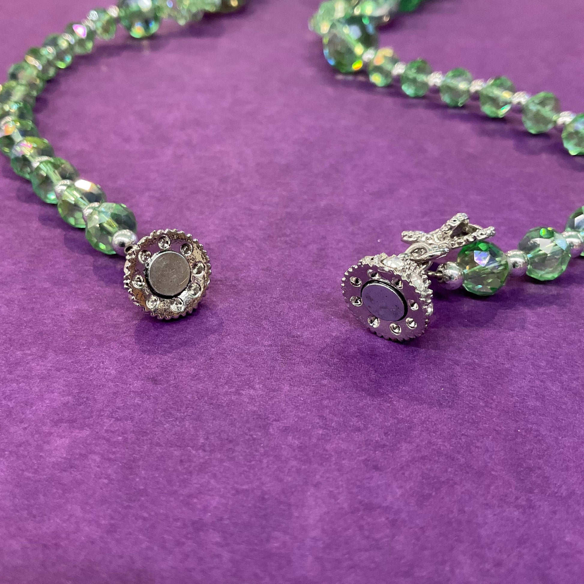 Vintage Butler and Wilson Statement Green Borealis Crystal Cluster Necklace, faceted crystals and silver beads