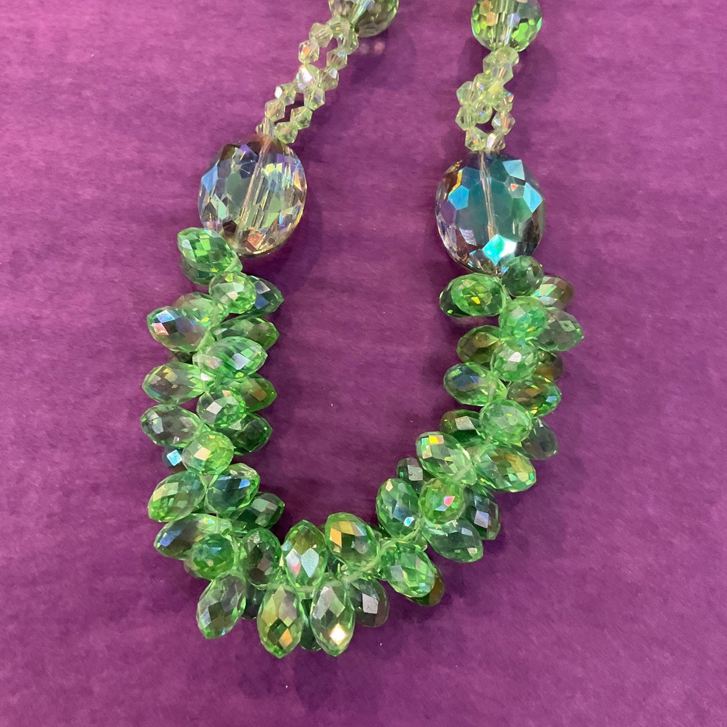 Vintage Butler and Wilson Statement Green Borealis Crystal Cluster Necklace, faceted crystals and silver beads